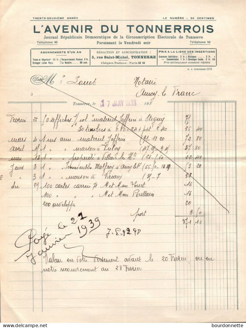 FACTURE 1939 L'avenir Du TONNERROIS -5 RUE SAINT MICHEL ATONNERRE - Drukkerij & Papieren