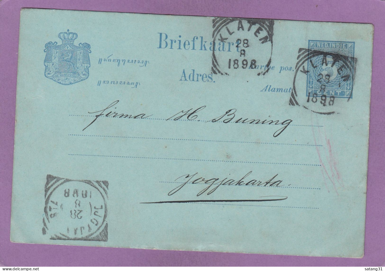 GANZSACHE AUS KLATEN NACH YOGYAKARTA,1898. - Niederländisch-Indien