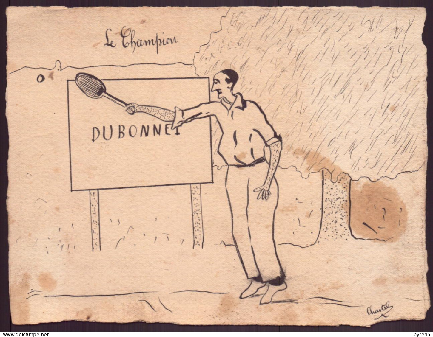 Dessin à L'encre De Chine ( 16 X 12 Cm ) " Le Champion, Dubonnet " Par Chastel - Dessins