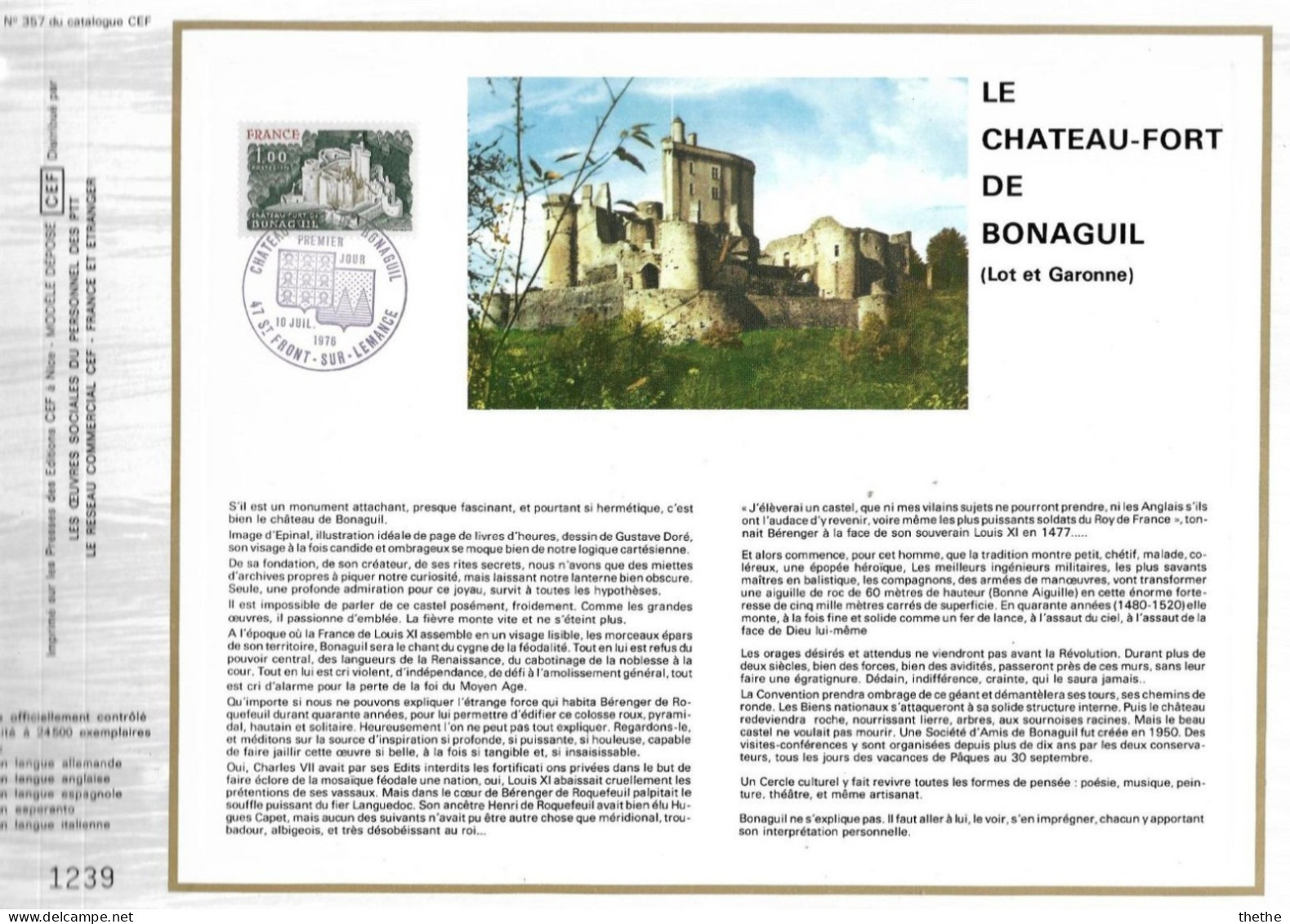 FRANCE -  FDC - Le Château Fort De Bonaguil (Lot Et Garonne)  - Feuillet N° 357 Du Catalogue CEF - 1970-1979