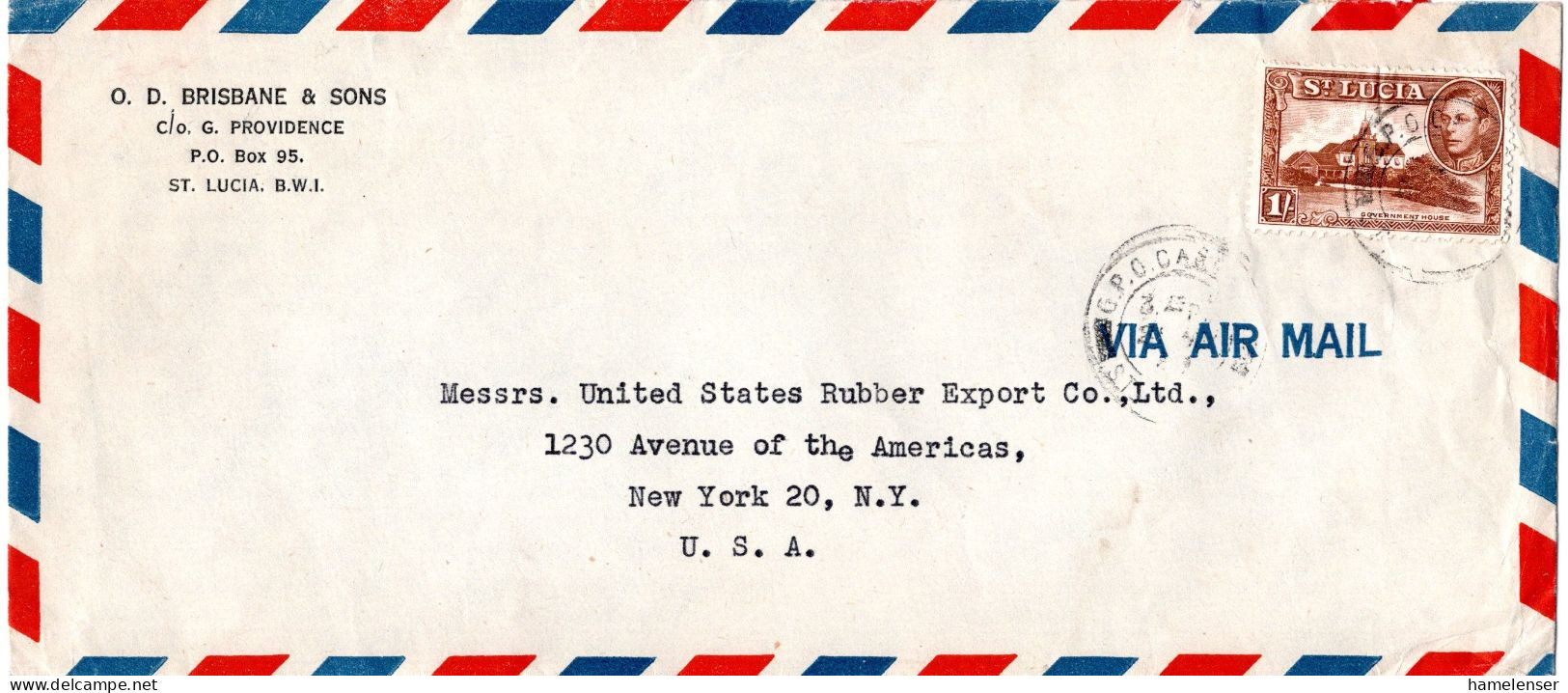 L77254 - St.Lucia - 1948 - 1'- KGVI EF A LpBf CASTRIES -> New York, NY (USA) - St.Lucia (...-1978)