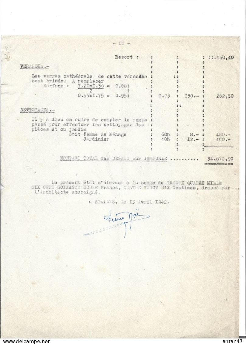 Etat Estimatif (11 Pages) Des Dégâts Causés Par Troupes Allemandes 1940-41 à 25 ETALANS Chez Mme LEDREMANN - Documenti