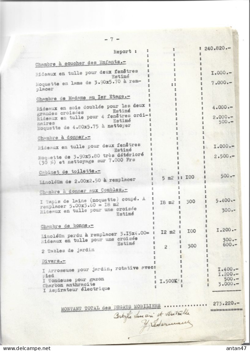 Etat Estimatif (7 Pages) Des Dégâts Causés Par Troupes Allemandes 1940-41 à 25 ETALANS Chez Mme LEDREMANN - Documenti