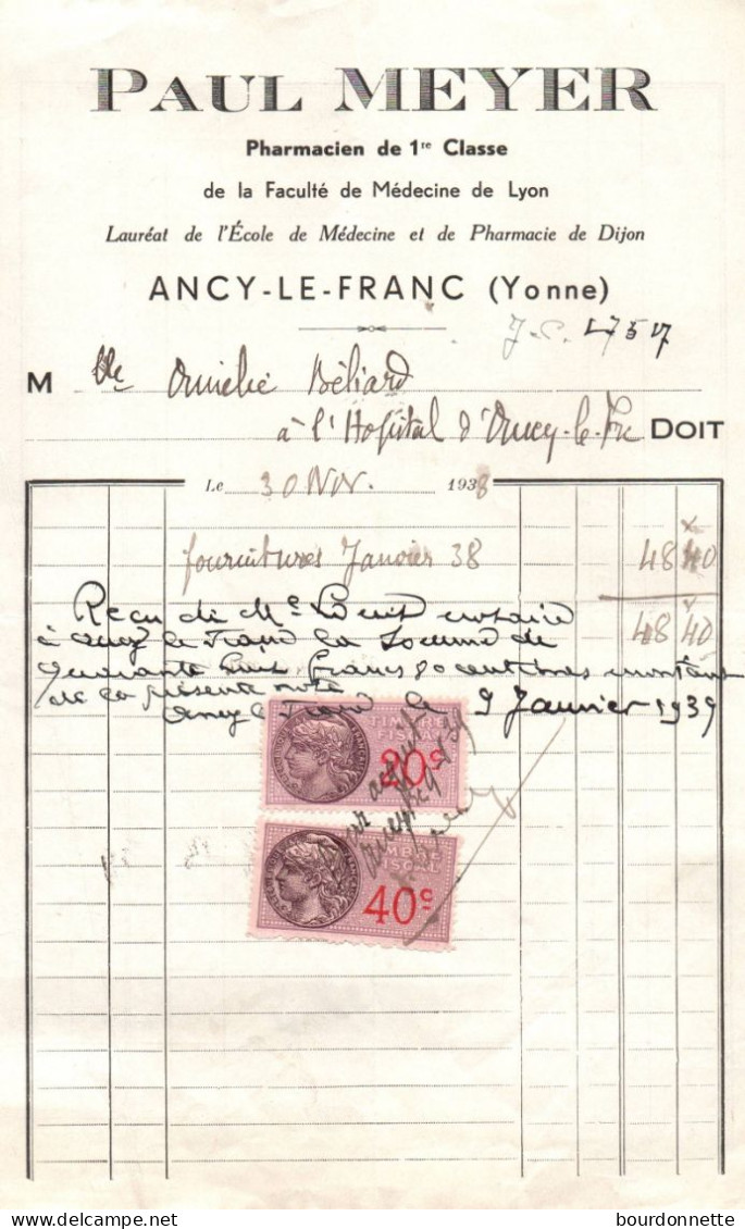 FACTURE 1938  PAUL  MEYER PHARMACIEN A ANCY LE FRANC - Petits Métiers