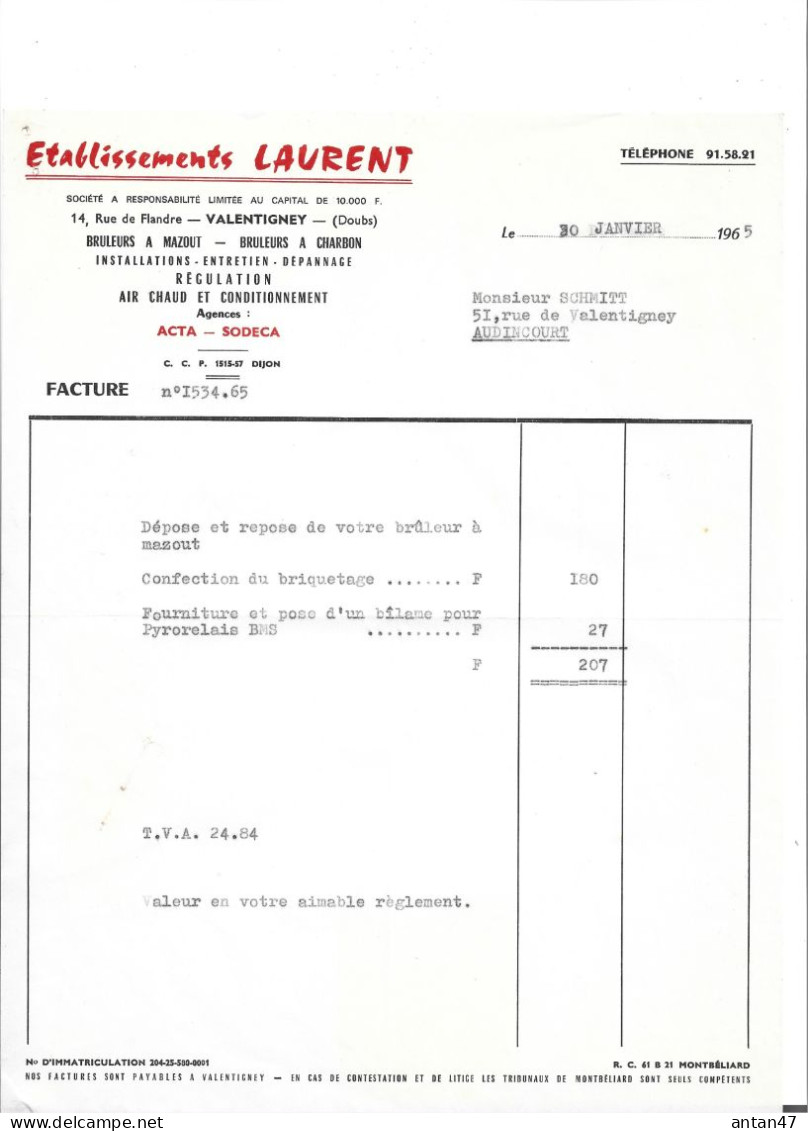 Facture 1965 / 25 VALENTIGNEY / Chauffagiste LAURENT - 1950 - ...