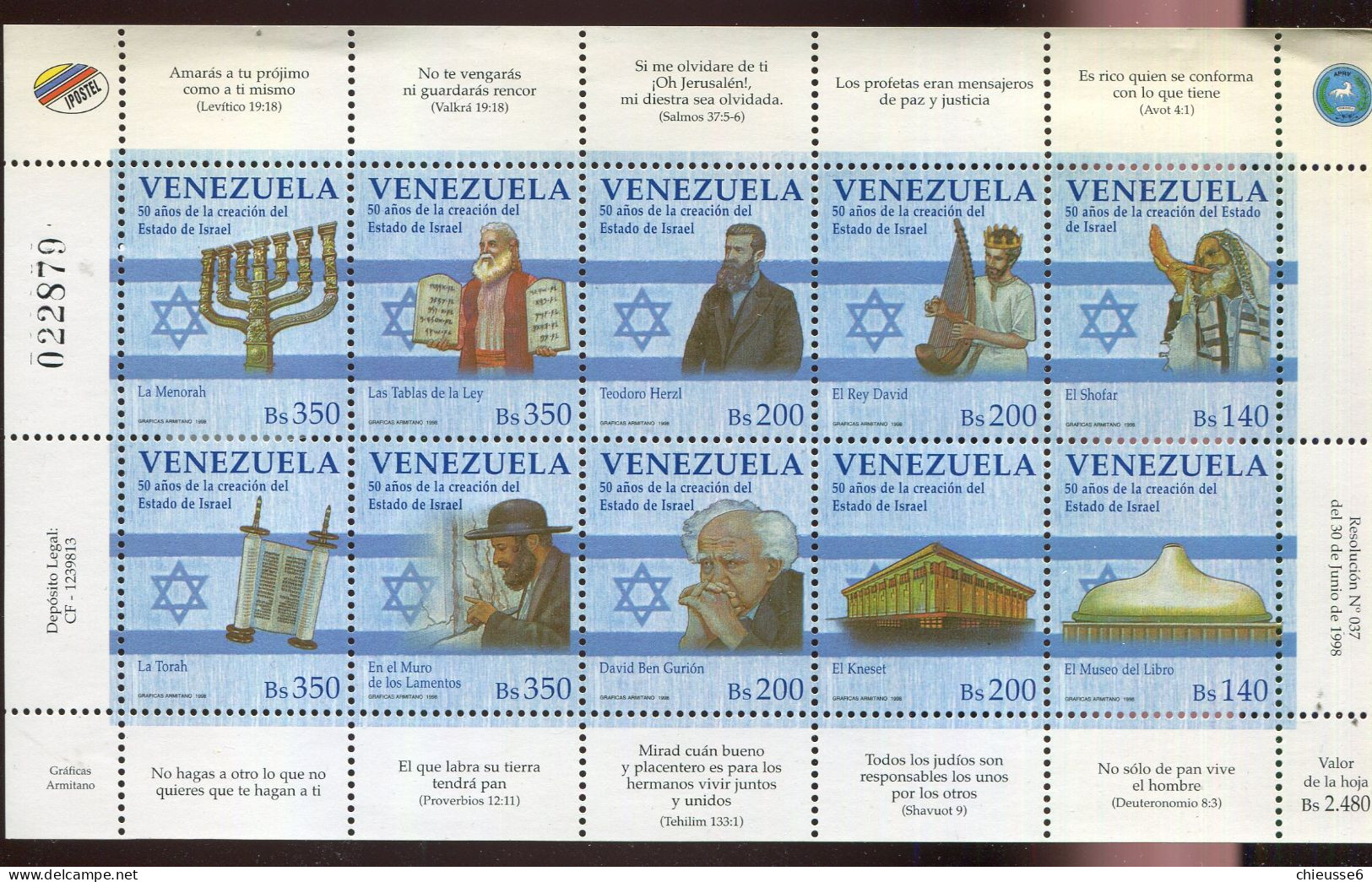 Israel ** N.° 2083 à 2092 - Cinquantenaire De L'Etat D'Israel - Unused Stamps (without Tabs)