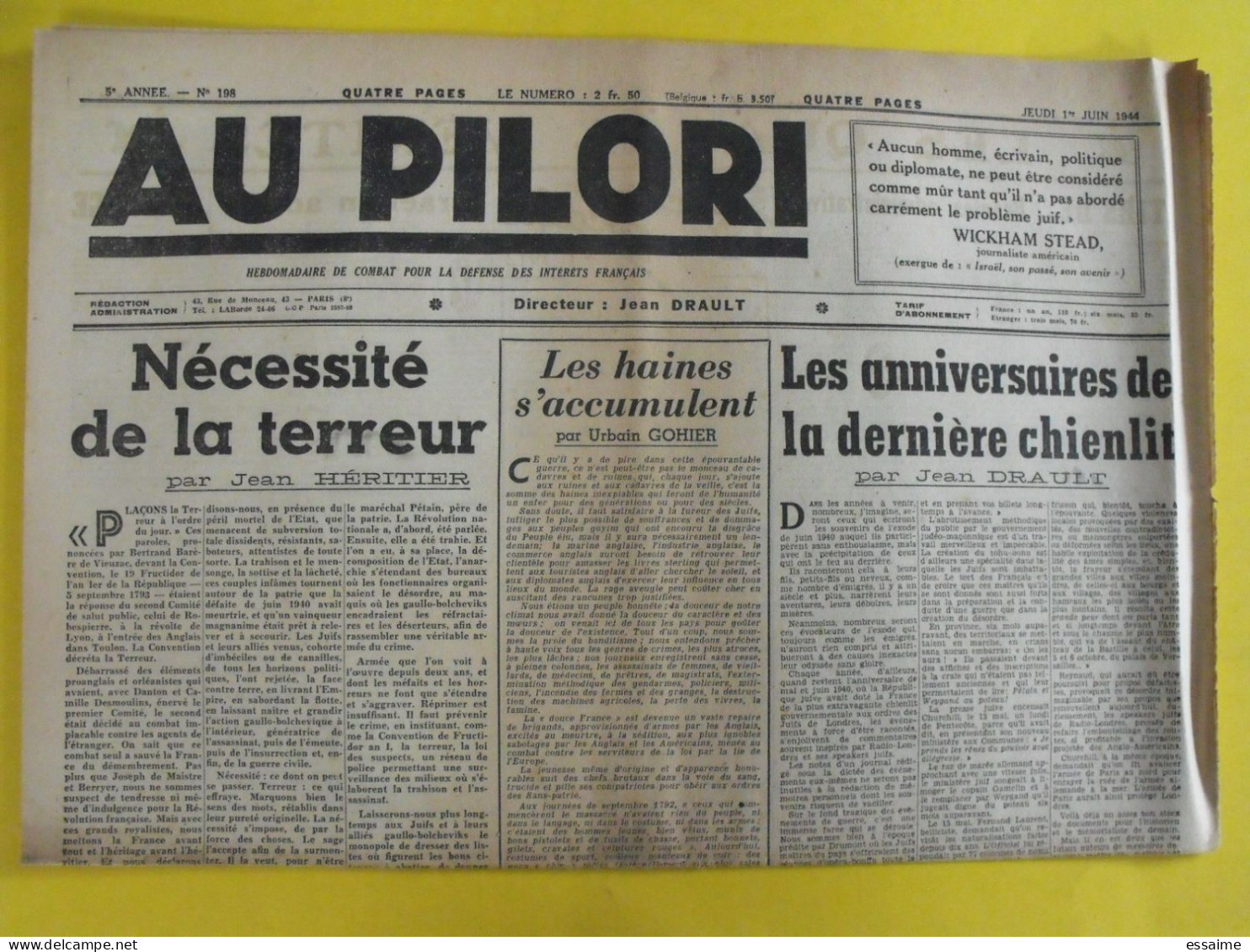 Au Pilori N° 198 Du 1er Juin 1944. Drault Gohier Héritier Deshair Collaboration Antisémite Préjean Milice - Andere & Zonder Classificatie