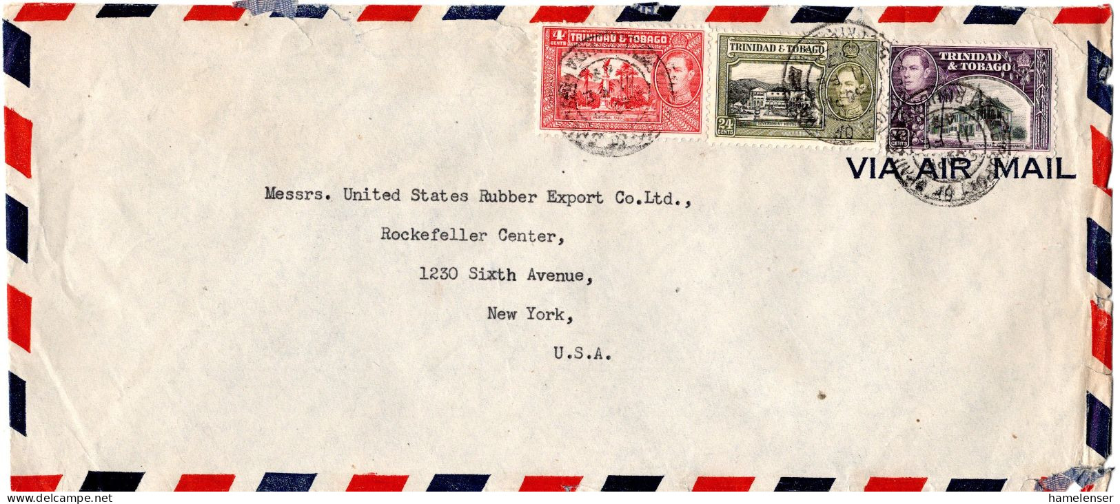 L77258 - Trinidad & Tobago - 1947 - 24c KGVI MiF A LpBf PORT OF SPAIN -> New York, NY (USA) - Trinité & Tobago (...-1961)