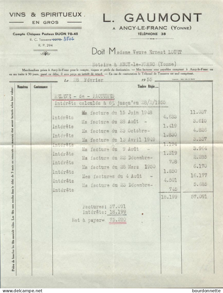 FACTURE 1938  L.GAUMONT  VINS  SPIRITUEUX EN GROS A ANCY LE FRANC - Food