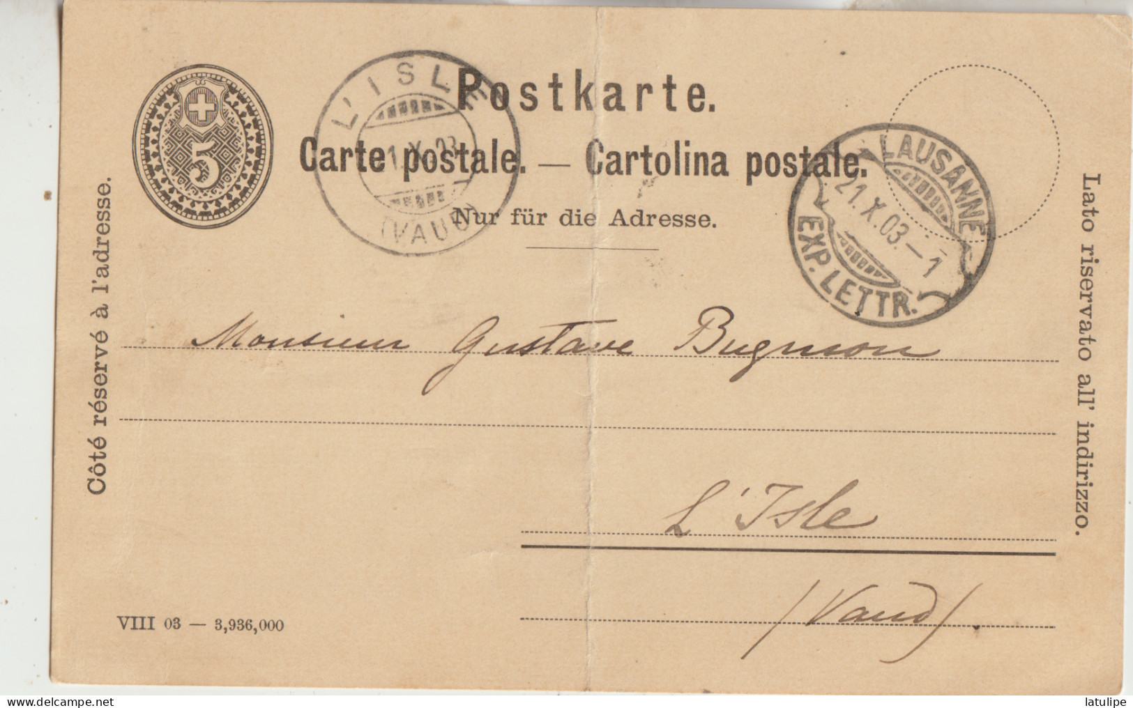 Carte  Adressé A Mr  Gustave  Bugnison A L'Isle  Canton De Vaud - L'Isle
