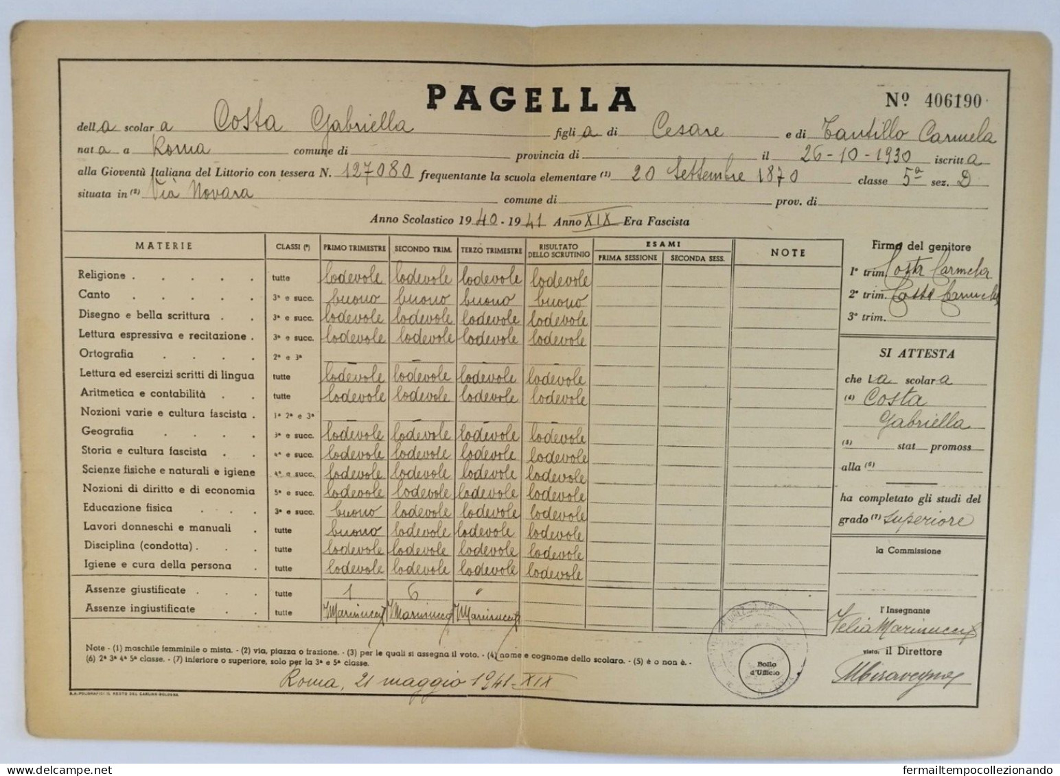 Bp22 Pagella Fascista Opera Balilla Ministero Educazione Nazionale Roma 1941 - Diplomi E Pagelle