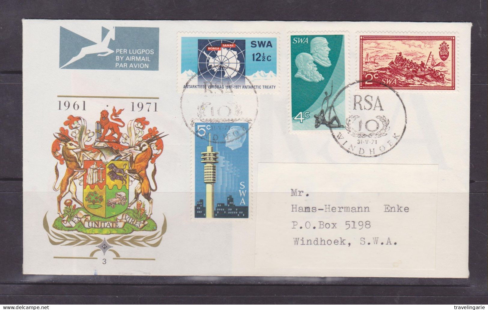 South West Africa 1971 10th Anniversary Of The Republic And Antarctic Treaty FDC Nr. 3 Typed Address - Südwestafrika (1923-1990)