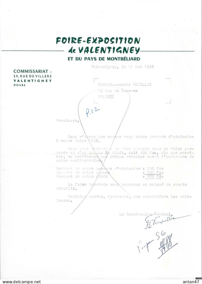 Courrier 1965 / 25 VALENTIGNEY / Commissariat Foire Exposition / Pas Reçu Demande D'admission - 1950 - ...