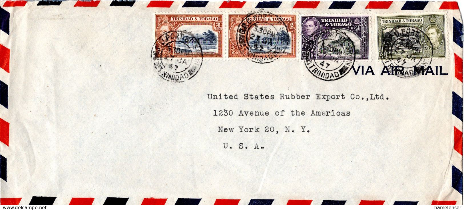 L77260 - Trinidad & Tobago - 1947 - 24c KGVI MiF A LpBf PORT OF SPAIN -> New York, NY (USA) - Trinidad Y Tobago