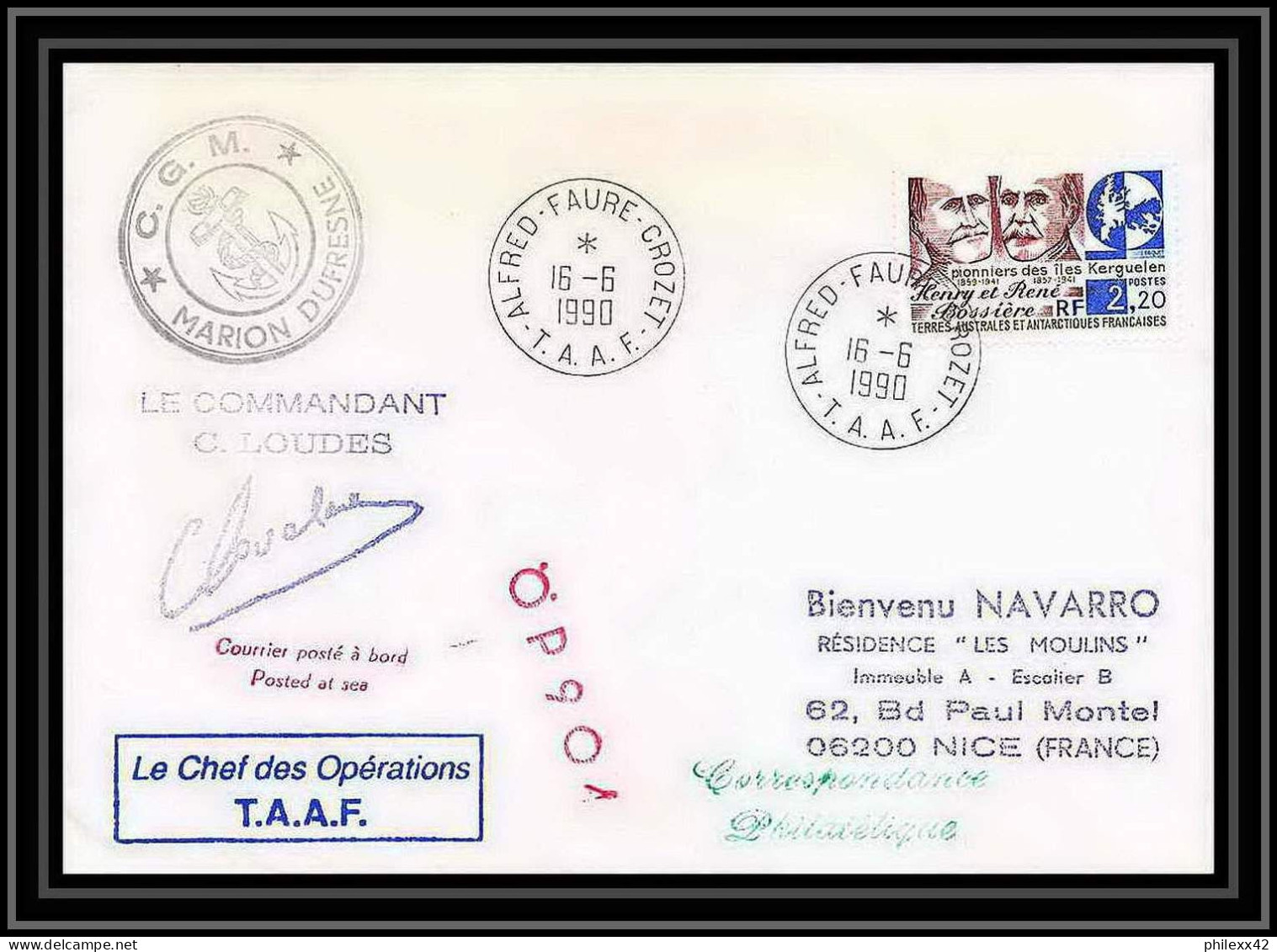 1712 Op 90/4 Marion Dufresne 16/6/1990 Signé Signed Loudes TAAF Antarctic Terres Australes Lettre (cover) - Briefe U. Dokumente