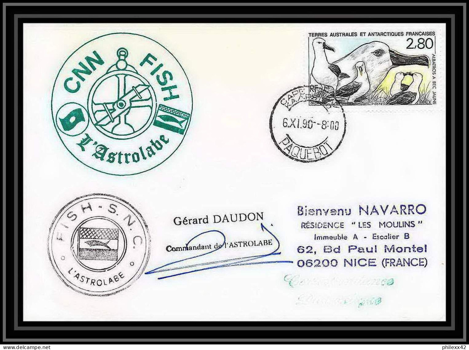 1696 Fish Astrobale 6/11/1990 Signé Signed Daudon TAAF Antarctic Terres Australes Lettre (cover) - Storia Postale