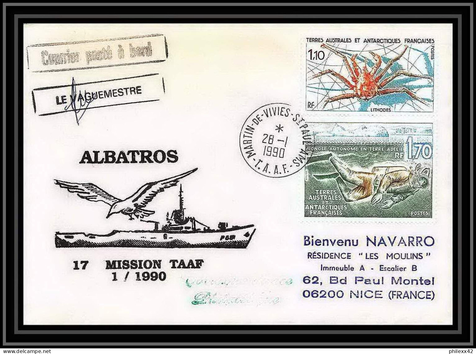 1677 Patrouilleur Albatros 17 Mission 1 28/1/1990 Signé Signed TAAF Antarctic Terres Australes Lettre (cover) - Covers & Documents