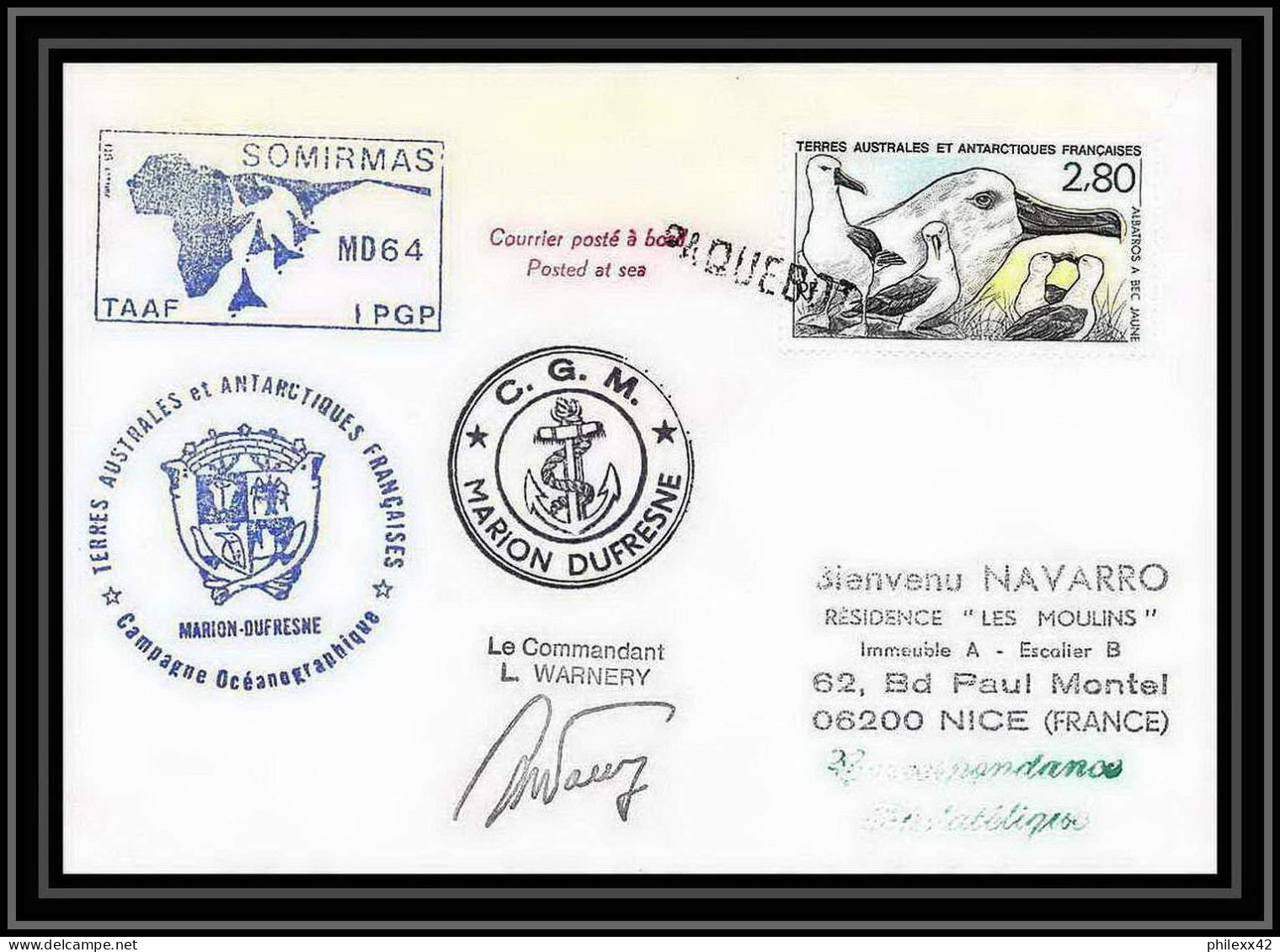 1664 TAAF Antarctic Terres Australes Lettre Mission Recherche Md 64 Somirmas Signé Signed Warney Obl Paquebot 14/8/1990  - Spedizioni Antartiche