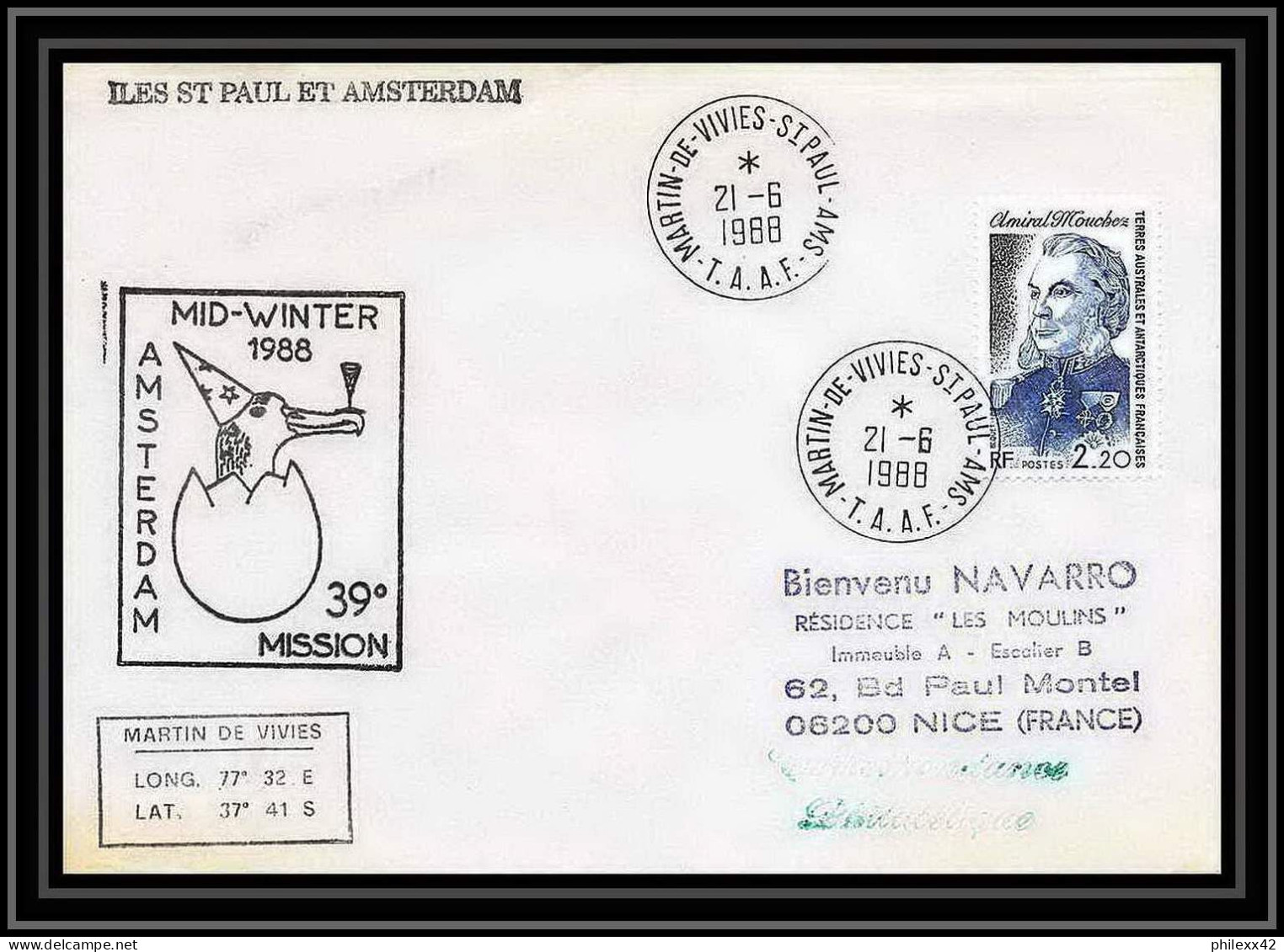 1647 Mindwinter 39ème 21/6/1988 Amsterdam TAAF Antarctic Terres Australes Lettre (cover) - Spedizioni Antartiche