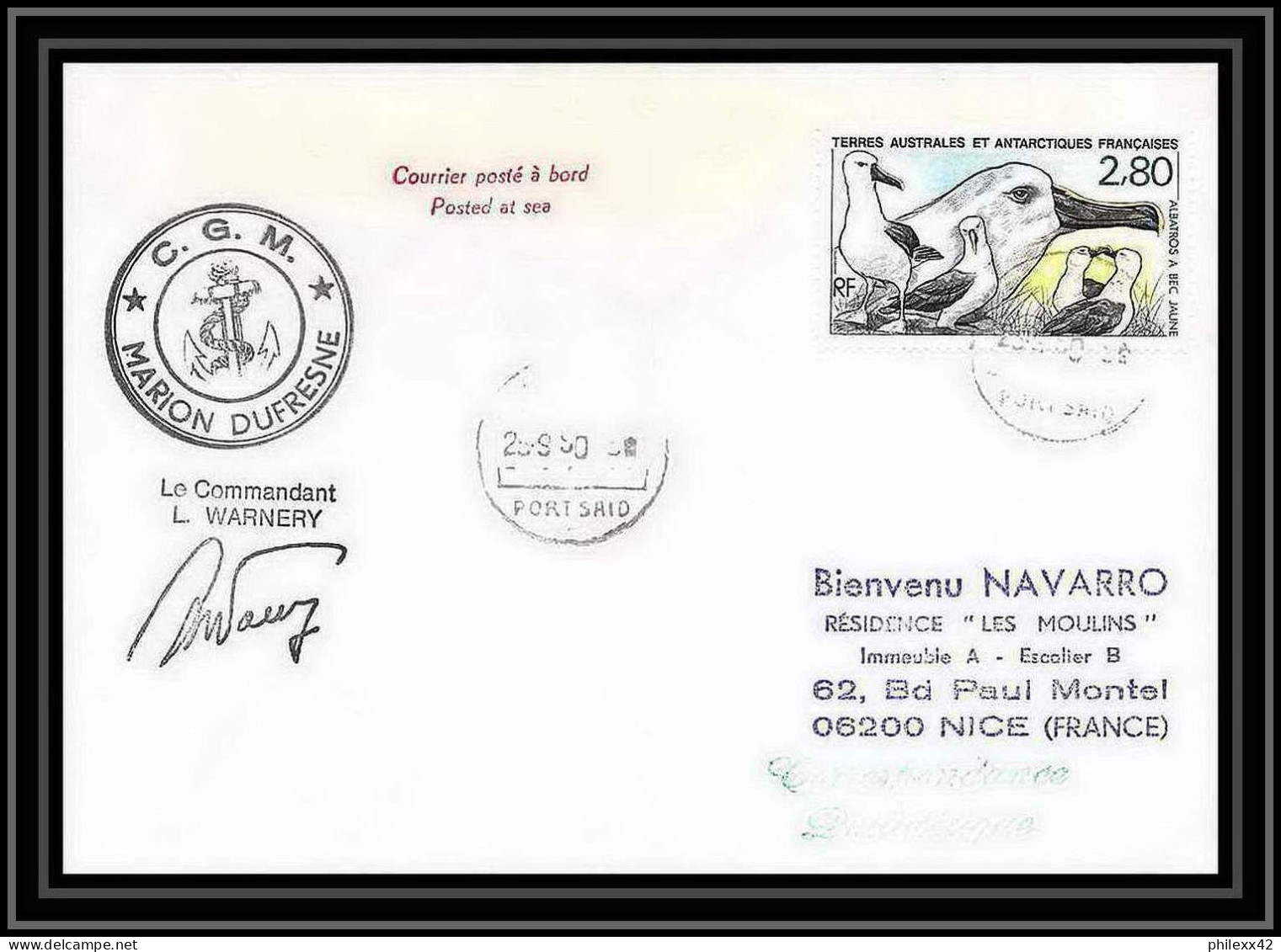 1655 Marion Dufresne 28/8/1990 Port Said Signé Signed Warnery TAAF Antarctic Terres Australes Lettre (cover) - Covers & Documents