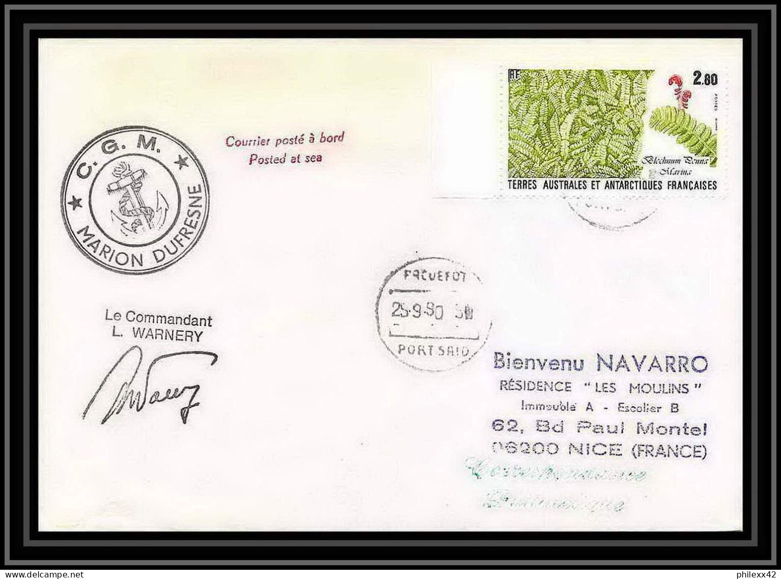 1654 Marion Dufresne 28/8/1990 Port Said Signé Signed Warnery TAAF Antarctic Terres Australes Lettre (cover) - Spedizioni Antartiche
