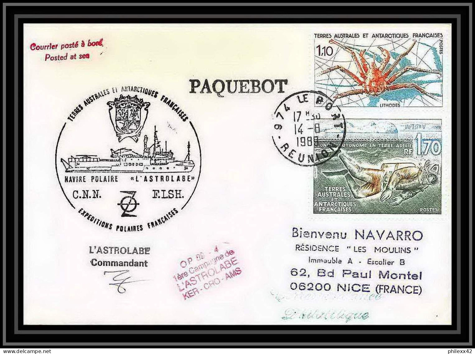 1630 Premiere Campagne Astrobale 14/8/1989 Signé Signed TAAF Antarctic Terres Australes Lettre (cover) - Covers & Documents