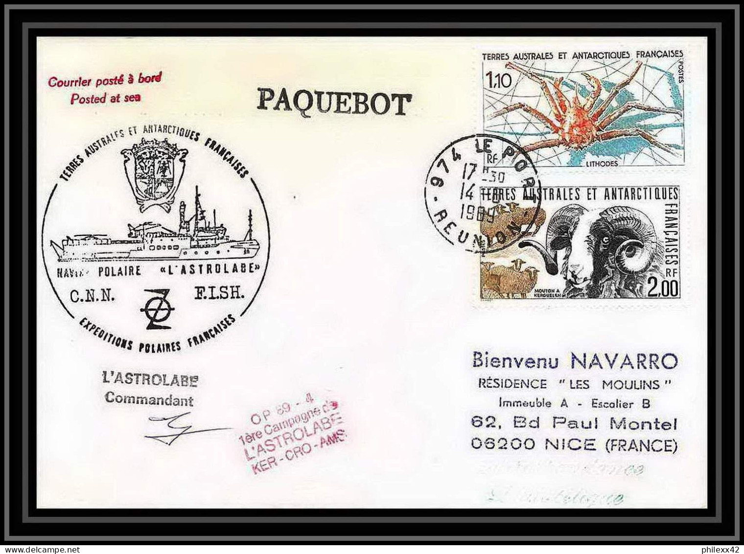 1622 Premiere Campagne Astrobale 14/8/1989 Signé Signed TAAF Antarctic Terres Australes Lettre (cover) - Covers & Documents