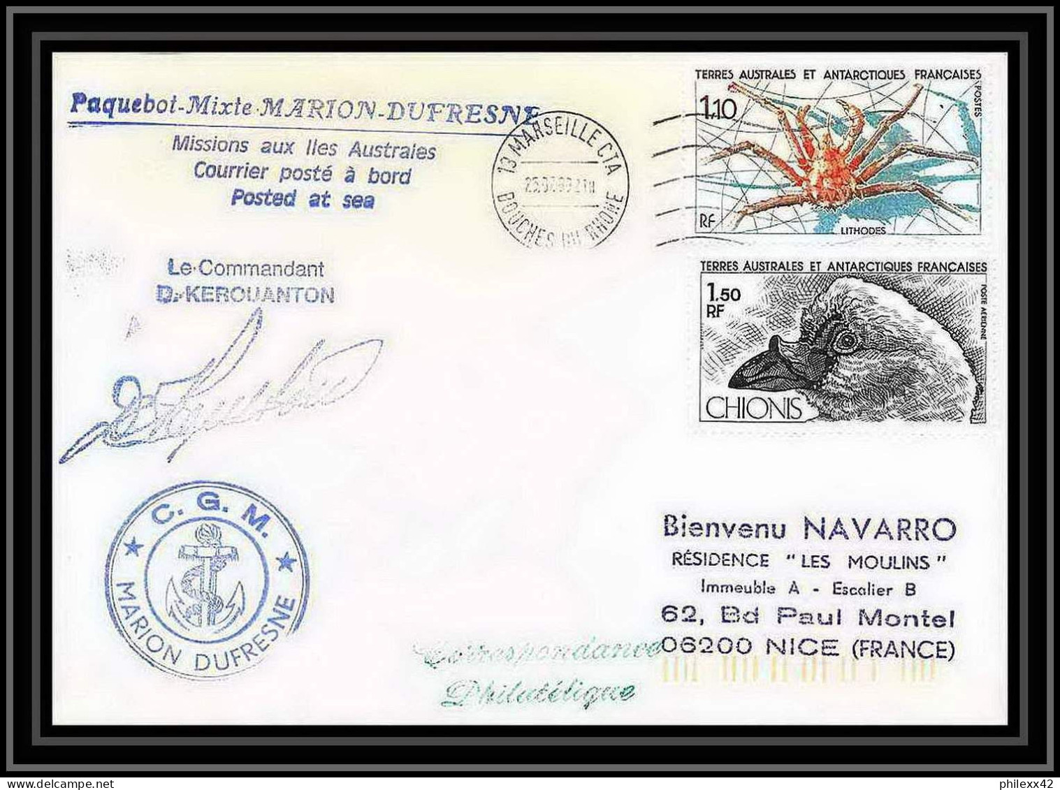 1620 Marion Dufresne Signé Signed Kerouanton 25/07/1989 TAAF Antarctic Terres Australes Lettre (cover) - Spedizioni Antartiche