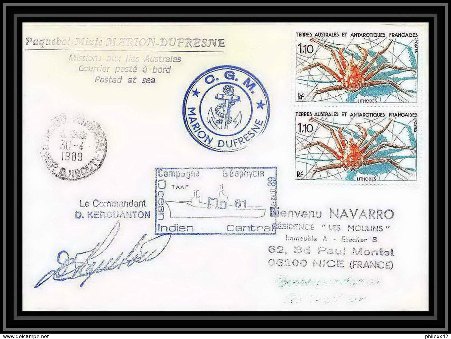 1617 Md 61 Indien Central Signé Signed Kerouanton 30/4/1989 TAAF Antarctic Terres Australes Lettre (cover) - Expediciones Antárticas