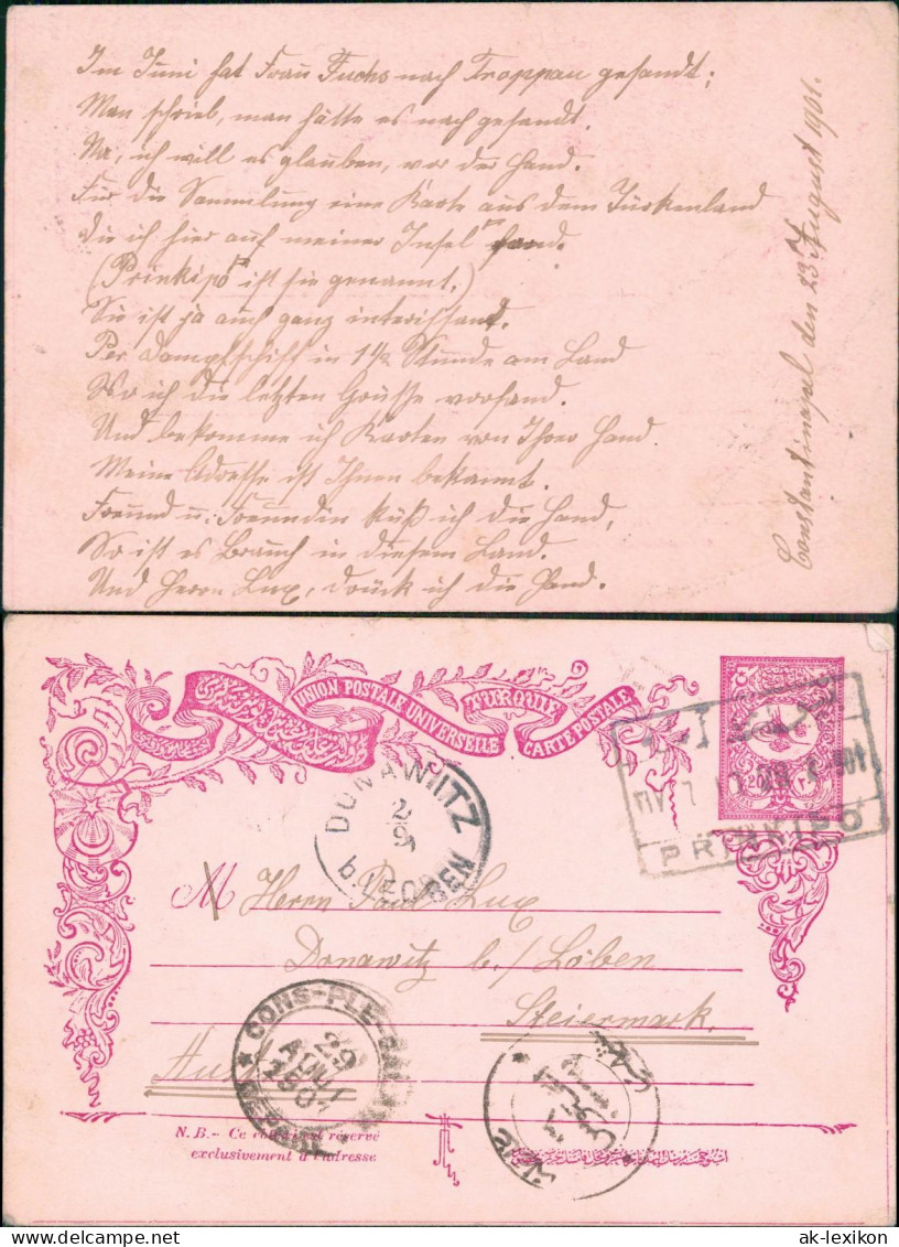 Türkei Turkey Künstlerische Ganzsache 1901  Div Stempel Gel. N. Donawitz Leoben - Turquie