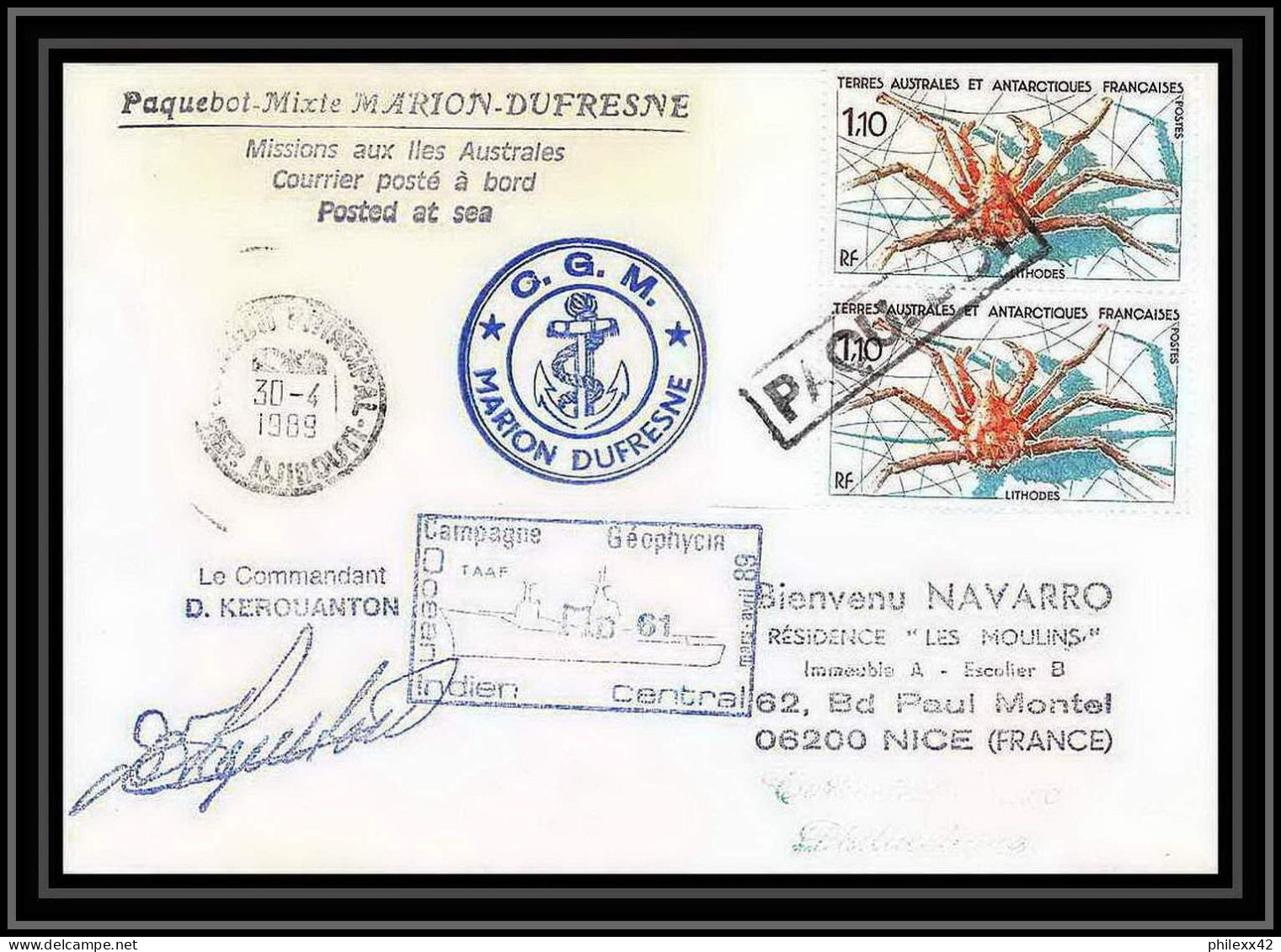 1616 Md 61 Indien Central Signé Signed Kerouanton 30/4/1989 TAAF Antarctic Terres Australes Lettre (cover) - Expediciones Antárticas