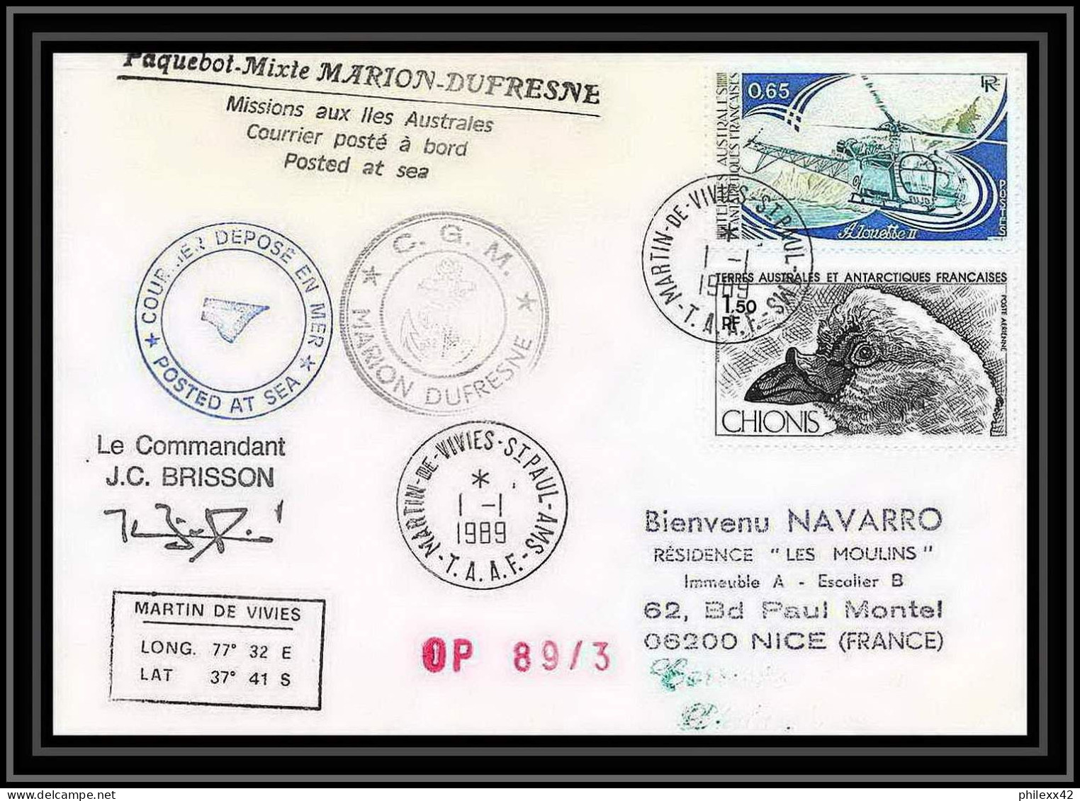 1613 89/3 Cgm Marion Dufresne 1/1/1989 Signé Signed Brisson TAAF Antarctic Terres Australes Lettre (cover) - Spedizioni Antartiche