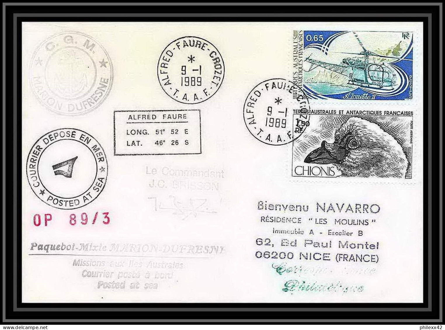 1612 89/3 Cgm Marion Dufresne 9/1/1989 Signé Signed Brisson TAAF Antarctic Terres Australes Lettre (cover) - Spedizioni Antartiche
