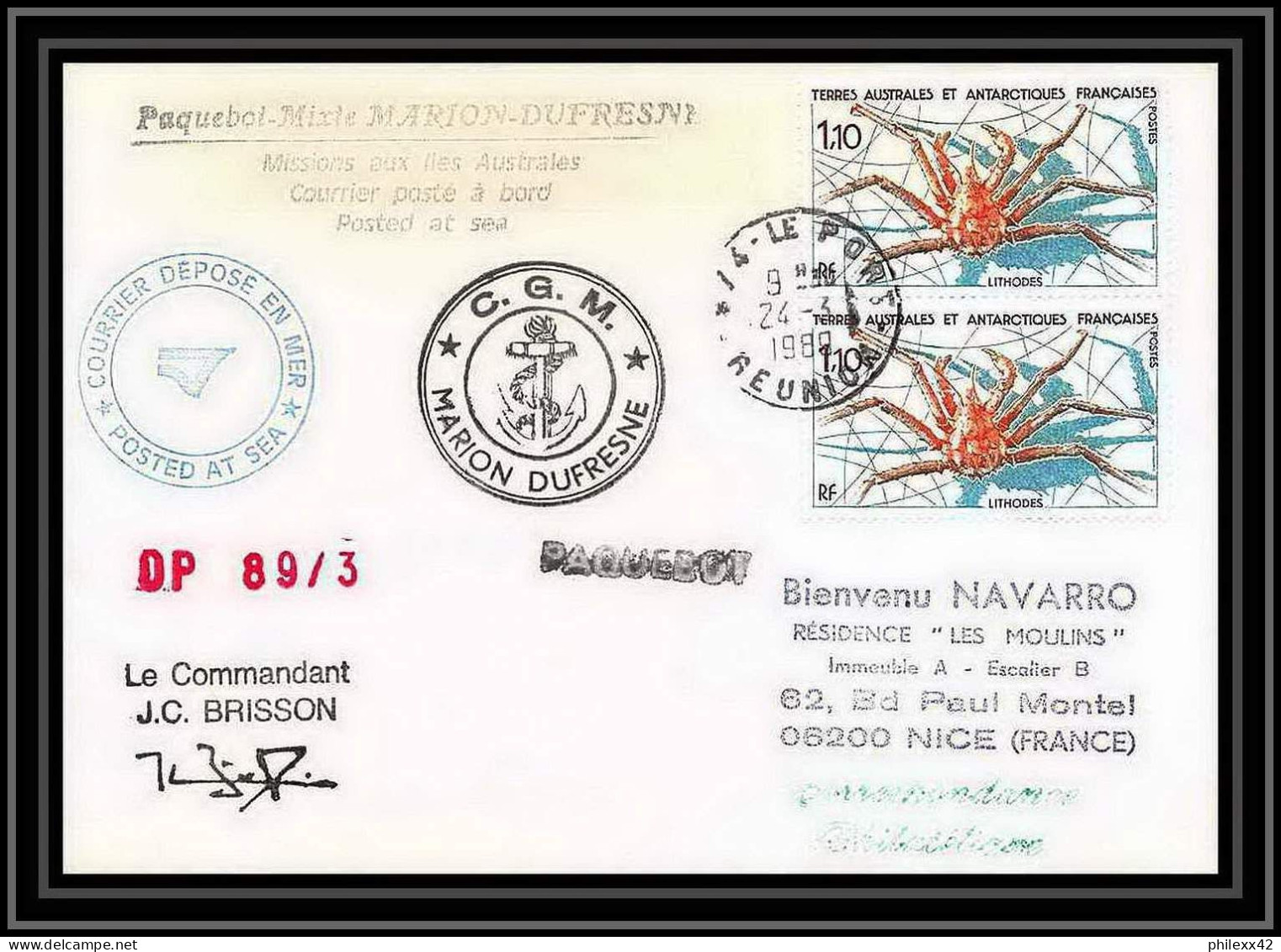 1611 89/3 Cgm Marion Dufresne 24/3/1989 Signé Signed Brisson TAAF Antarctic Terres Australes Lettre (cover) - Antarctische Expedities