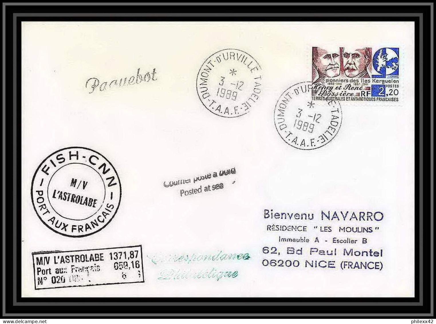 1602 Fish Cnn L'astrobale 3/12/1989 TAAF Antarctic Terres Australes Lettre (cover) - Storia Postale