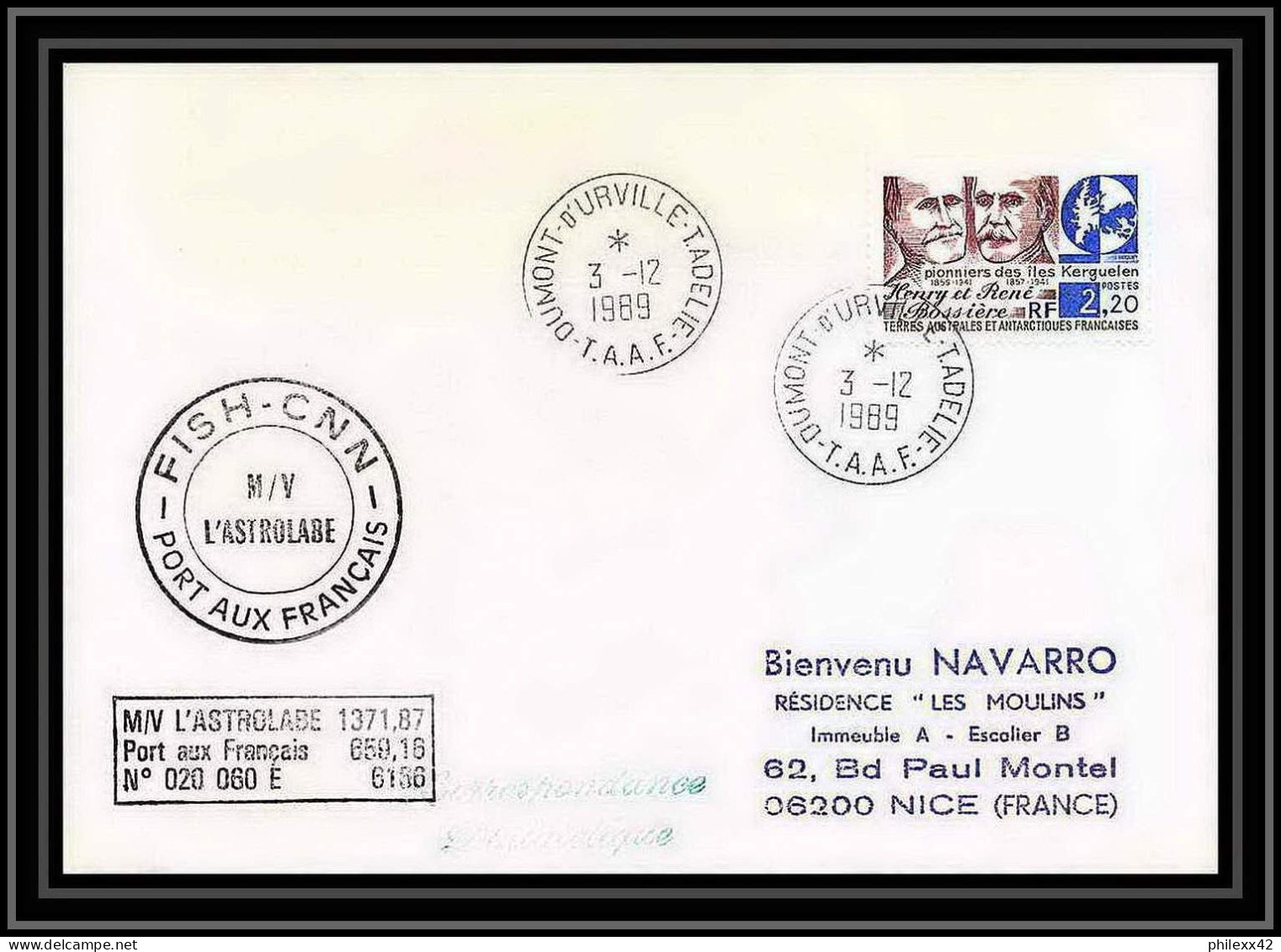 1601 Fish Cnn L'astrobale 3/12/1989 TAAF Antarctic Terres Australes Lettre (cover) - Antarktis-Expeditionen