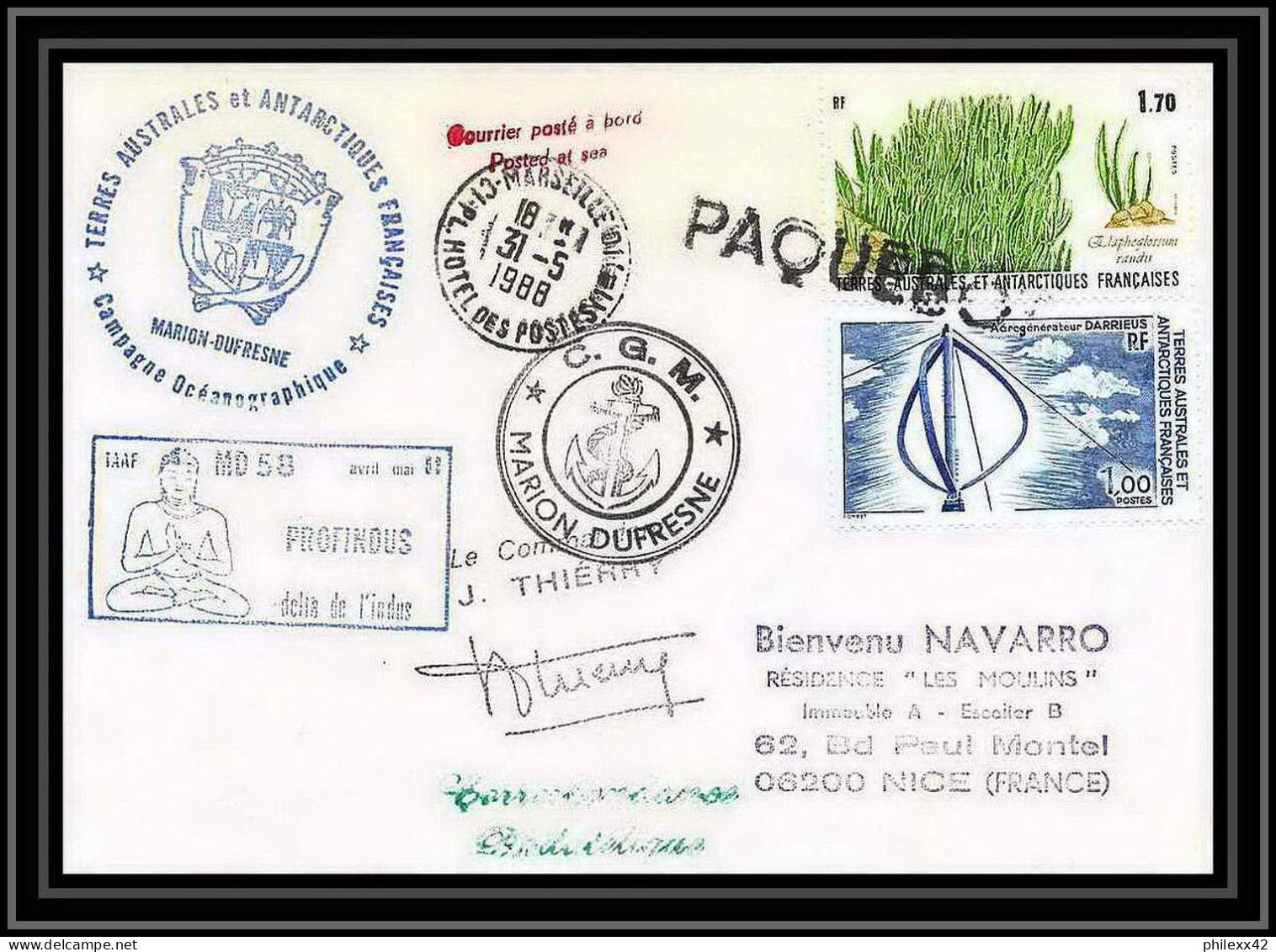 1590 TAAF Terres Australes Lettre (cover) Md 58 Profindus 31/5/1988 Obl Paquebot Signé Signed Thierry Marion Dufresne TA - Spedizioni Antartiche