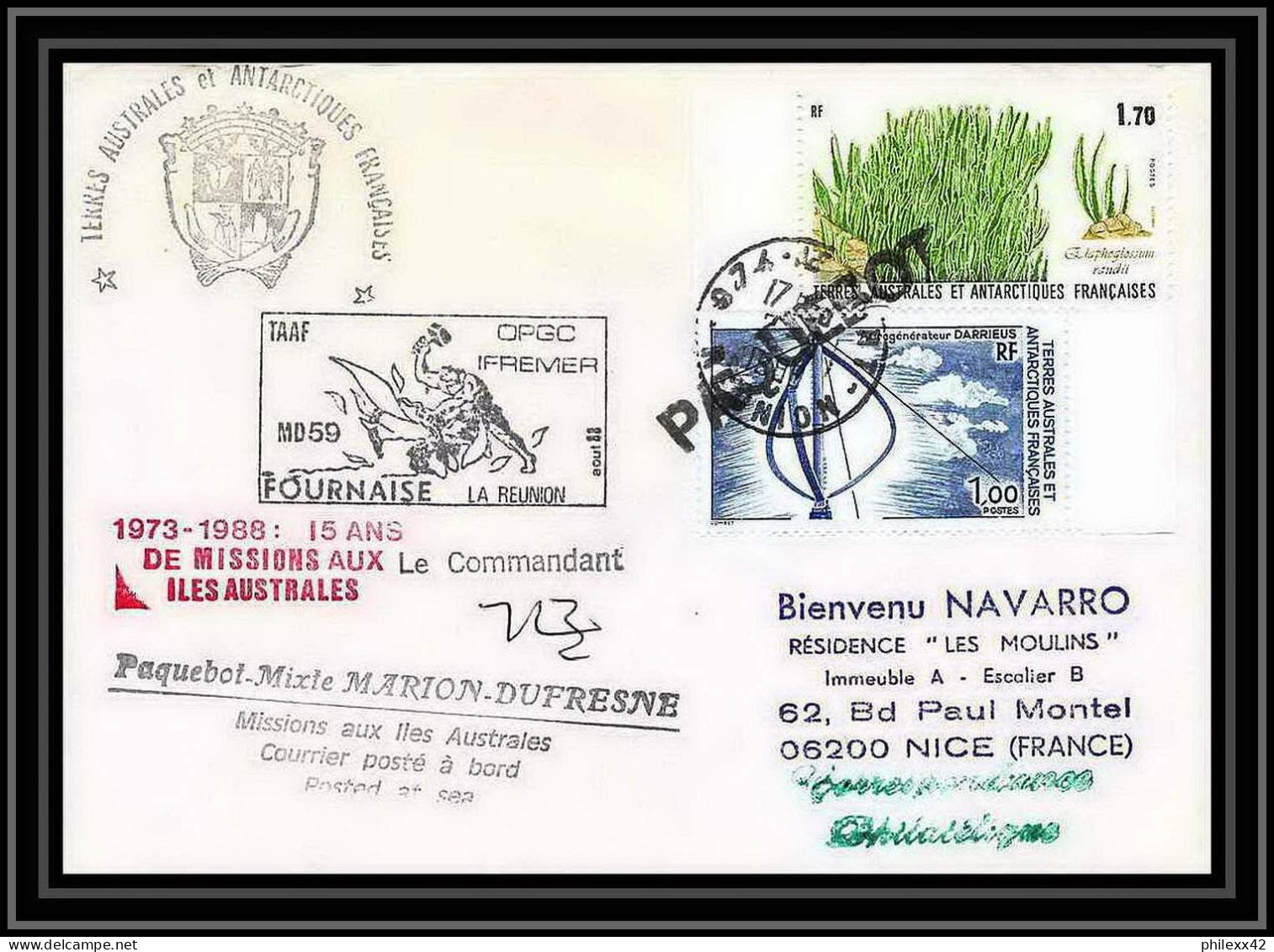 1584 TAAF Terres Australes Lettre (cover) Md 59 Fournaise La Reunion Signé Signed Marion Dufresne 2/9/1988 Obl Paquebot  - Spedizioni Antartiche