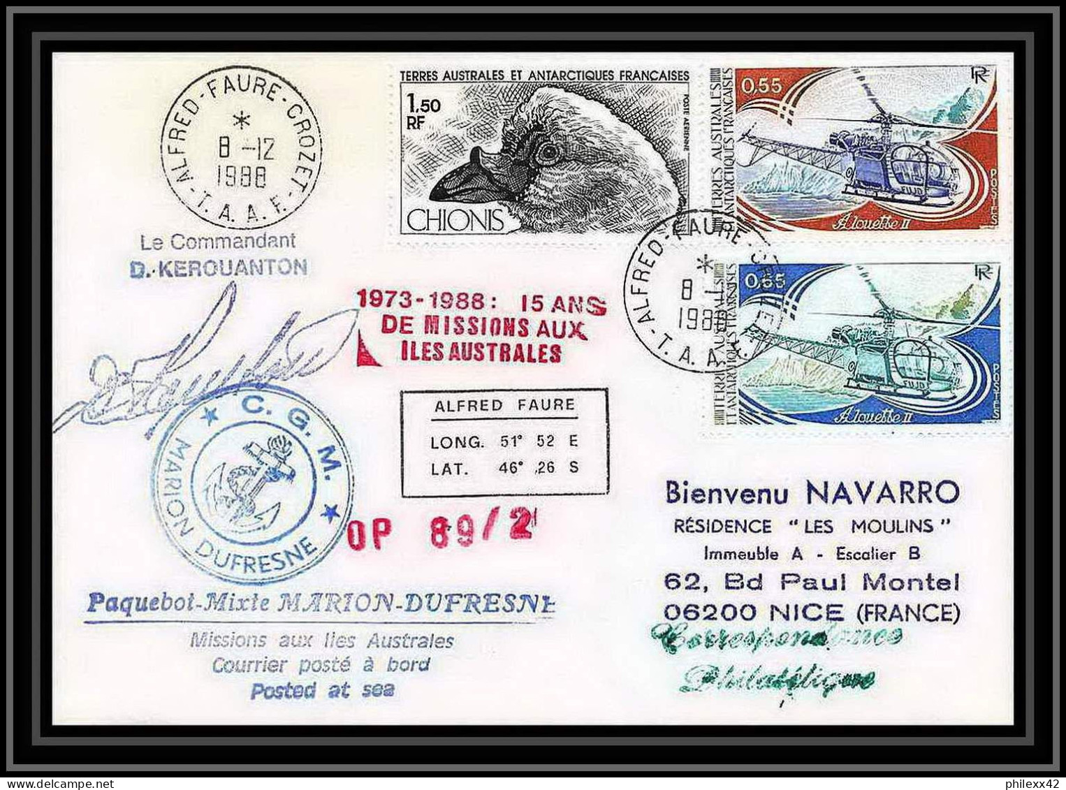 1586 89/2 - 8/12/1988 Marion Dufresne Signé Signed Kerouanton TAAF Antarctic Terres Australes Lettre (cover) - Spedizioni Antartiche