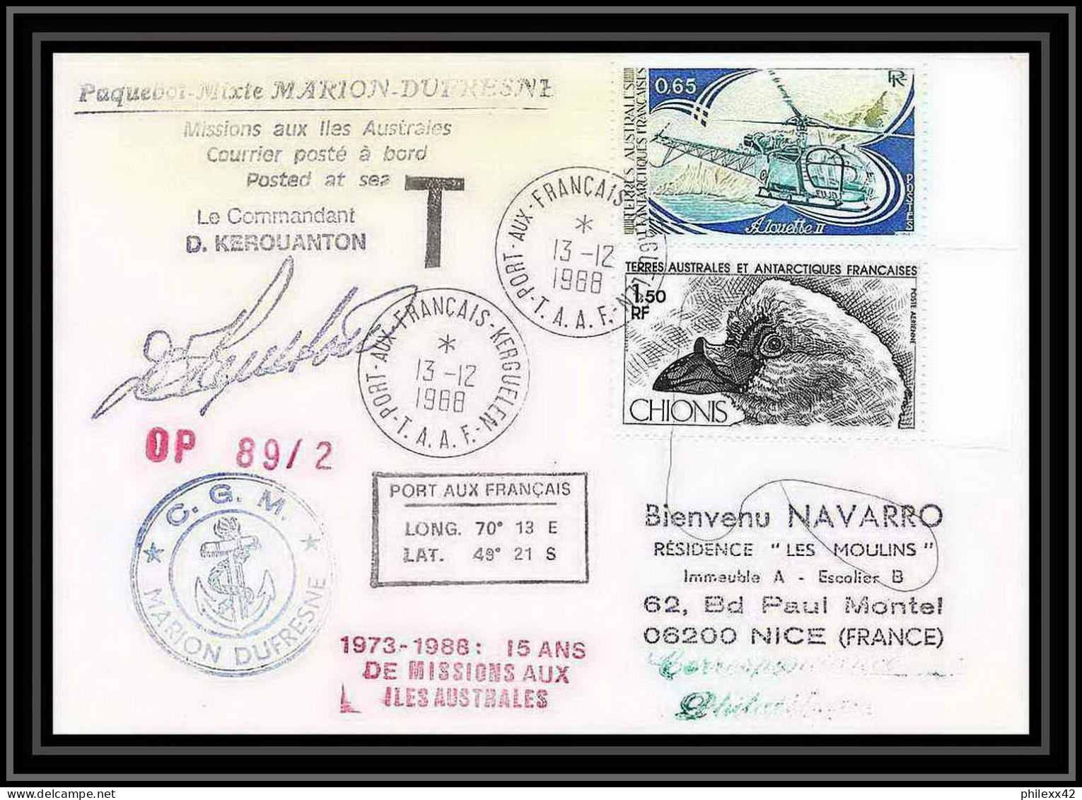 1588 89/2 13/12/1988 Marion Dufresne Signé Signed Kerouanton Taxe TAAF Antarctic Terres Australes Lettre (cover) - Expediciones Antárticas