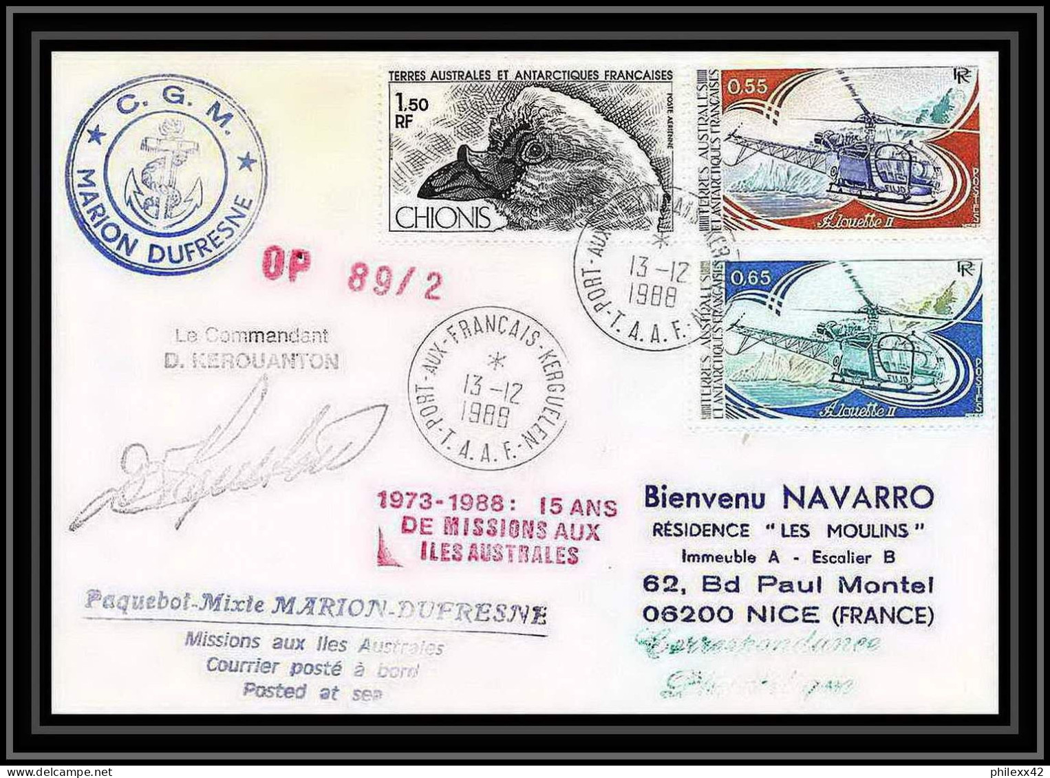 1587 89/2 - 13/12/1988 Marion Dufresne Signé Signed Kerouanton TAAF Antarctic Terres Australes Lettre (cover) - Storia Postale