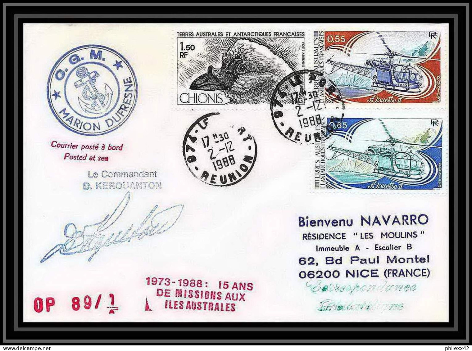 1581 89/2--2/12/1988 Marion Dufresne Signé Signed Kerouanton TAAF Antarctic Terres Australes Lettre (cover) - Antarctische Expedities