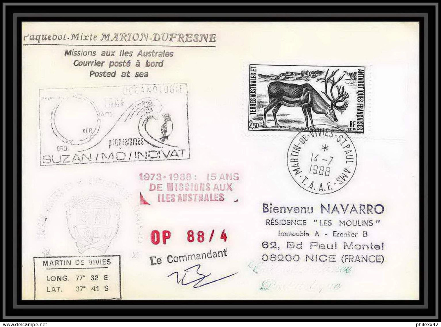 1579 88/4 Océanologie Md Indivat 7/7/1988 Signé Signed TAAF Antarctic Terres Australes Lettre (cover) - Storia Postale