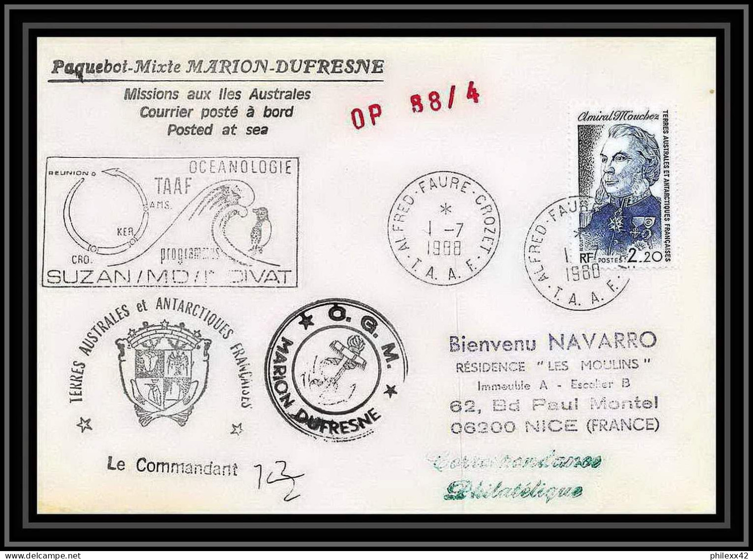 1575 88/4 Océanologie Md Indivat 7/7/1988 Signé Signed TAAF Antarctic Terres Australes Lettre (cover) - Expediciones Antárticas