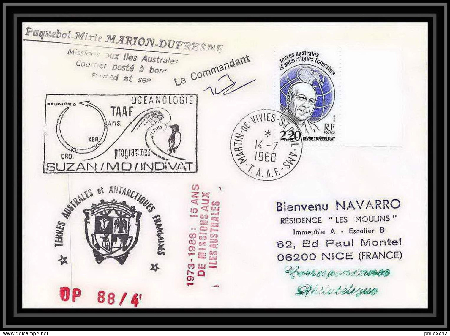 1572 88/4 Océanologie Md Indivat 7/7/1988 Signé Signed TAAF Antarctic Terres Australes Lettre (cover) - Storia Postale