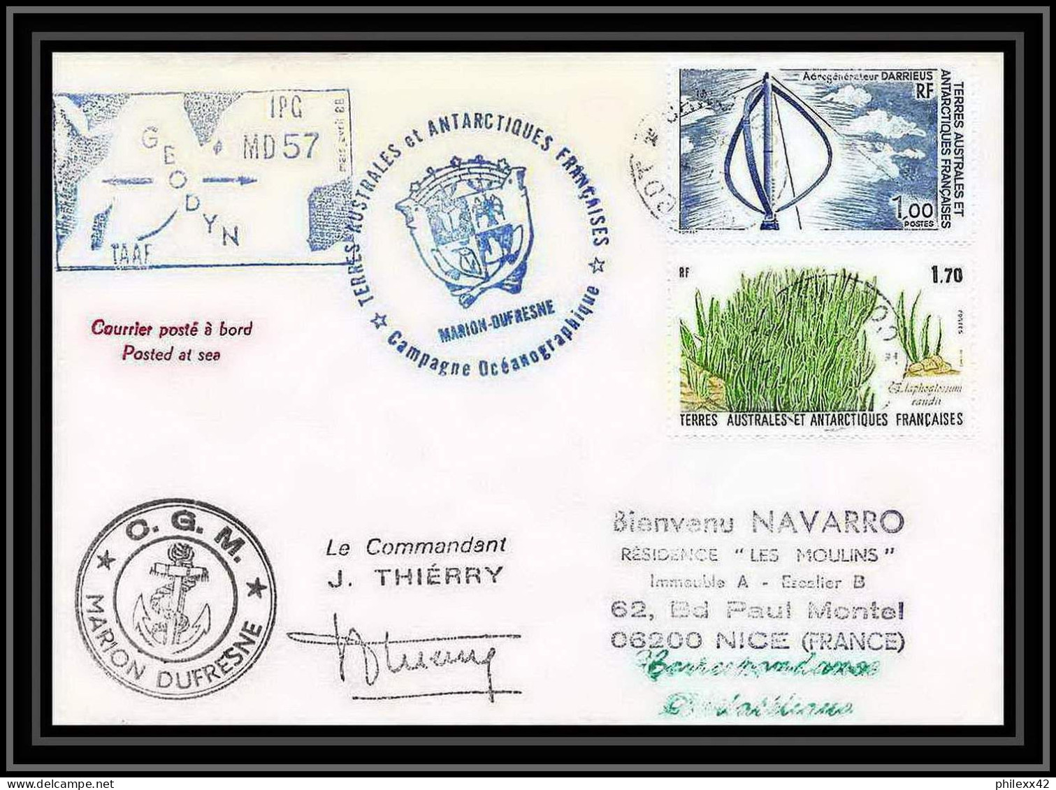 1555 Geodyn Md 57 Marion Dufresne 21/4/1988 Signé Signed Thierry TAAF Antarctic Terres Australes Lettre (cover) - Antarctische Expedities