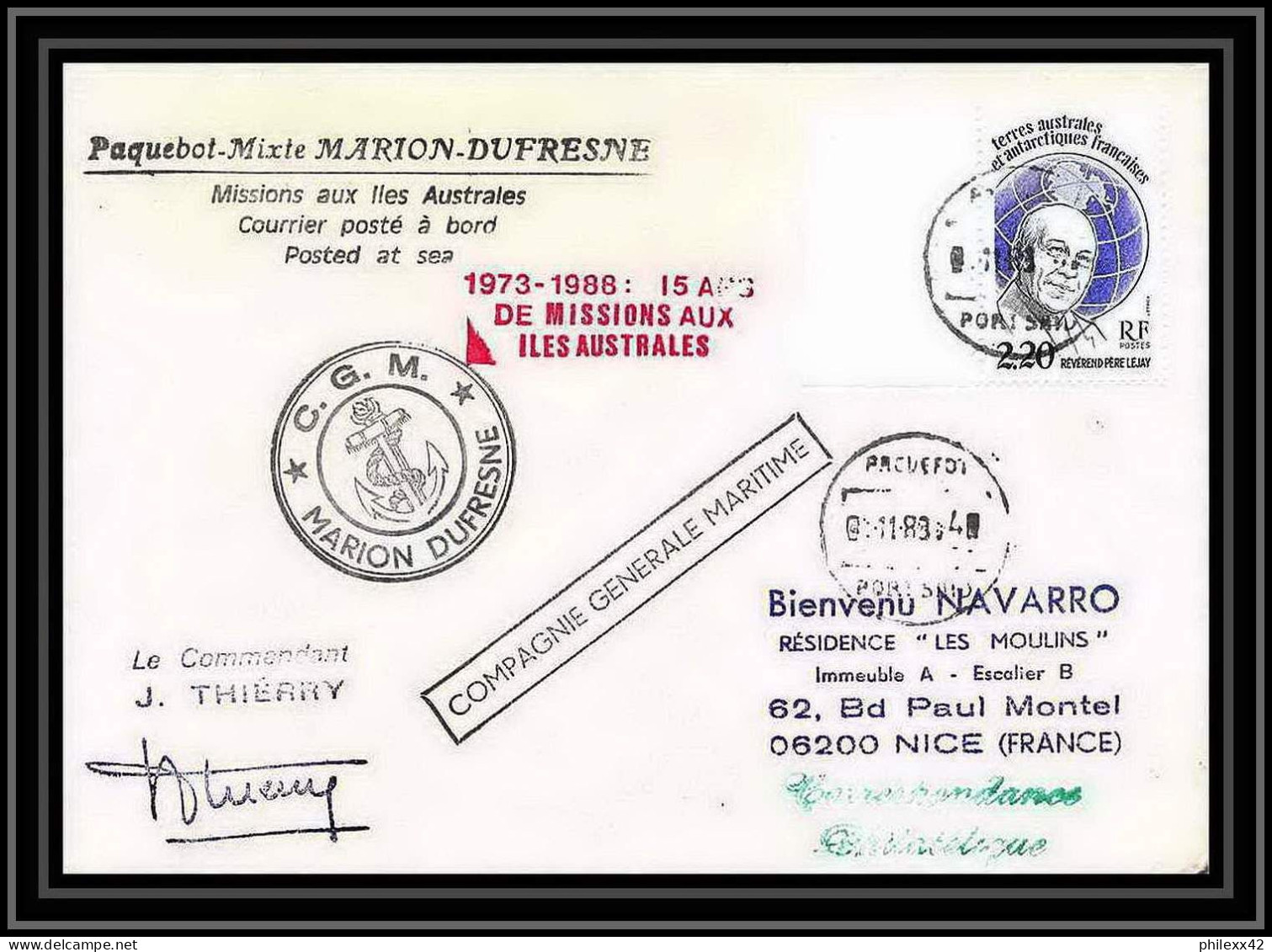 1565 15 Ans De Missions Signé Signed Thierry 16/6/1988 Marion Du TAAF Antarctic Terres Australes Lettre (cover) - Antarctische Expedities