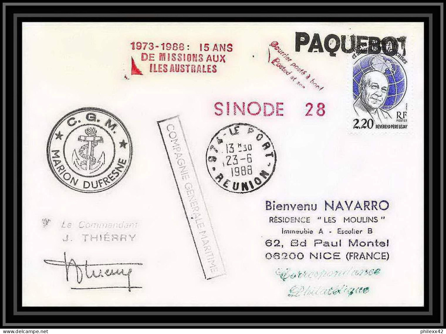 1561 Campagne Sinode 28 Marion Dufresne1988 Signé Signed Thierry TAAF Antarctic Terres Australes Lettre (cover) Paquebot - Expediciones Antárticas