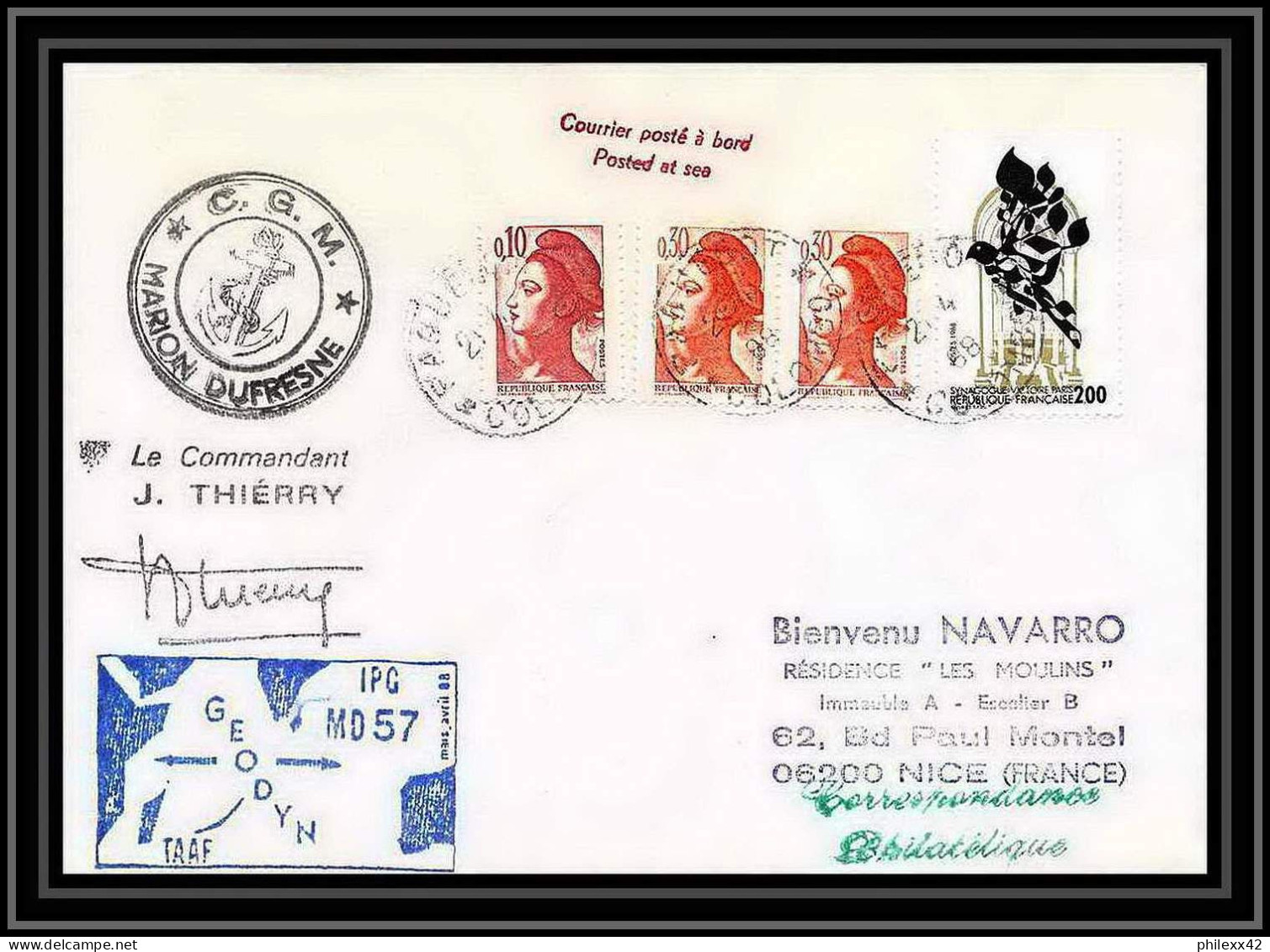 1553 Geodyn Md 57 Marion Dufresne 21/4/1988 Signé Signed Thierry TAAF Antarctic Terres Australes Lettre (cover) - Antarctische Expedities