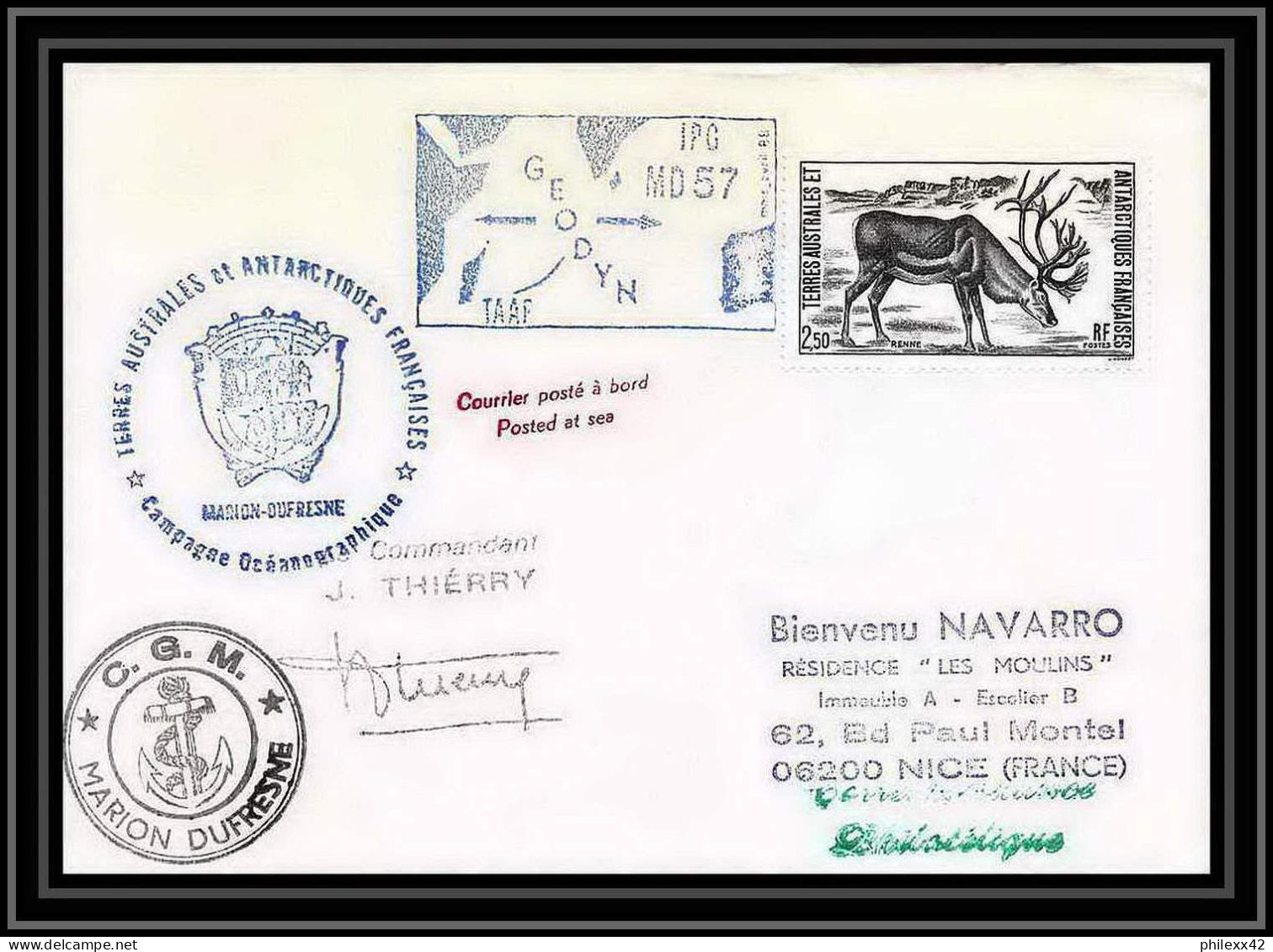 1558 Geodyn Md 57 Marion Dufresne 21/4/1988 Signé Signed Thierry TAAF Antarctic Terres Australes Lettre (cover) - Antarctische Expedities
